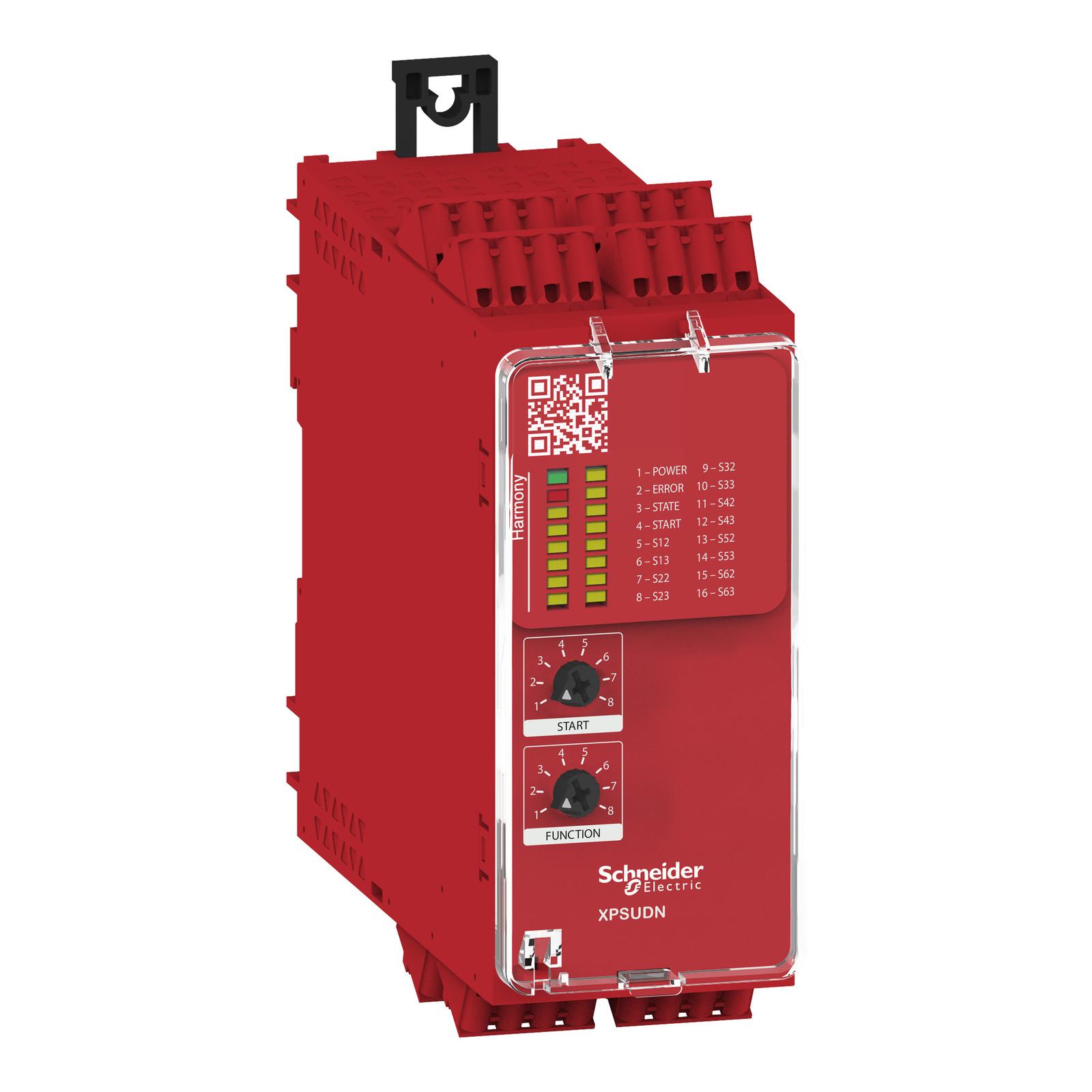 safety module, Harmony XPSU, Cat 4, features 6 x XPSUAF, 24V AC or DC, spring
