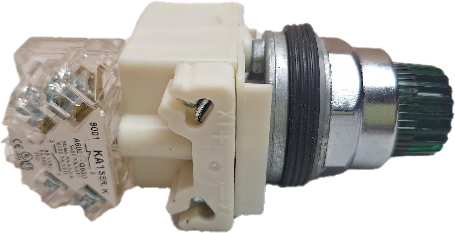 Illuminated push-button, Harmony 9001K, metal, projecting, green, 30mm, spring return, 120V, 1 C/O