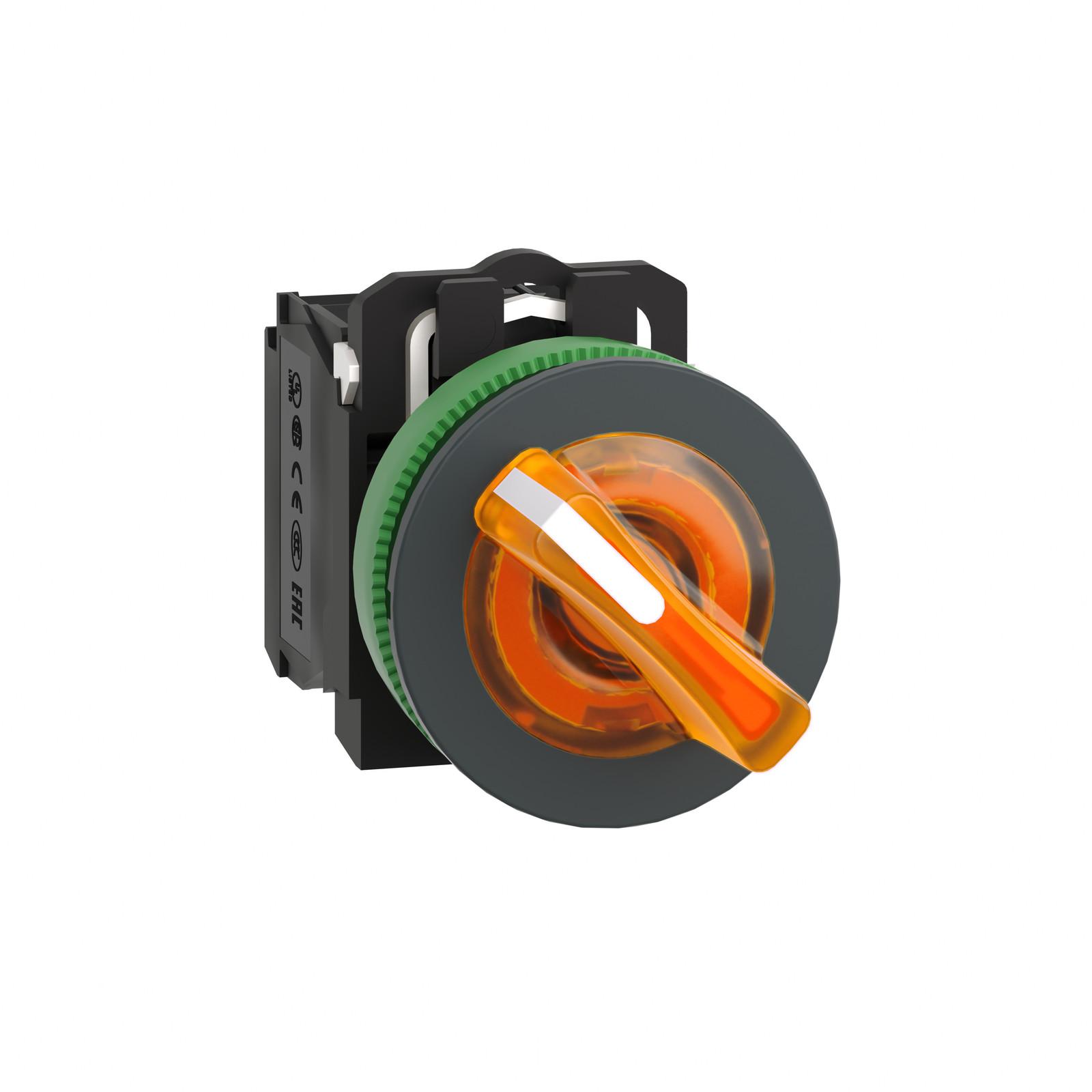 Illuminated selector switch, Harmony XB5, grey plastic, orange handle, 30mm, universal LED, 2 positions, 1NO + 1NC, 24V AC DC