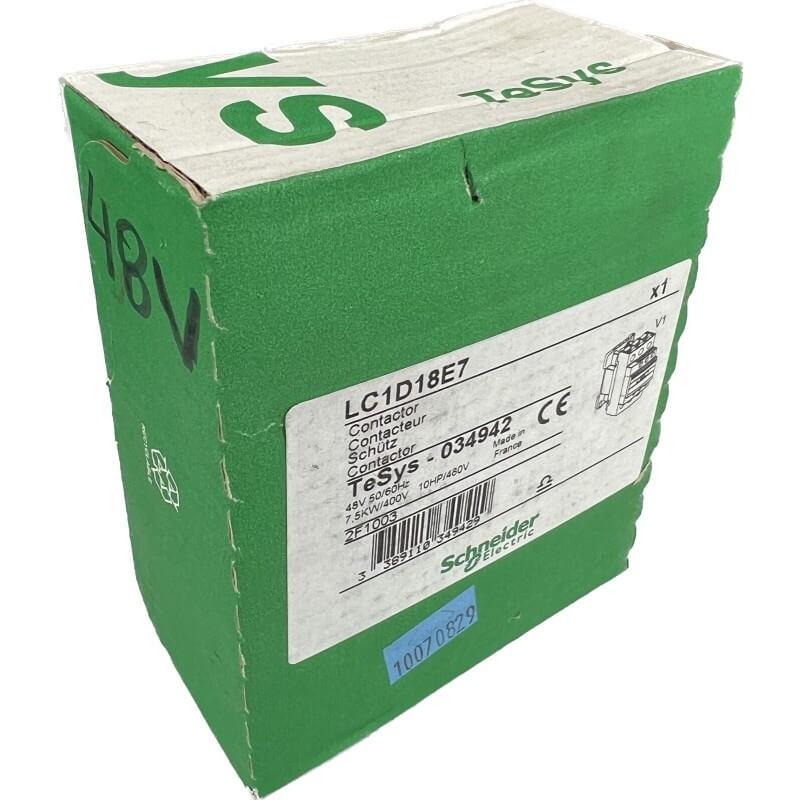 IEC contactor, TeSys Deca, nonreversing, 18A, 10HP at 480VAC, up to 100kA SCCR, 3 phase, 3 NO, 48VAC 50/60Hz coil, open