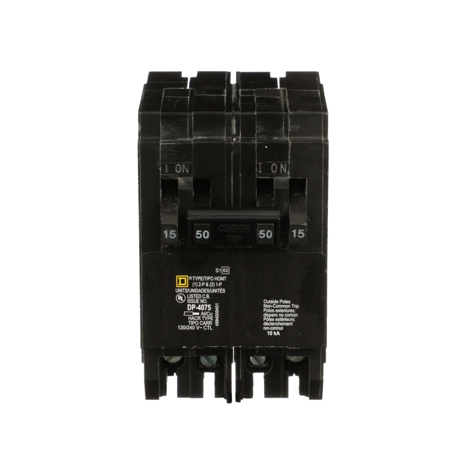 Tandem circuit breaker, Homeline, 2 x 1 pole at 15A, 1 x 2 pole at 50A, 120/240VAC, 10kA AIR, plug in, UL