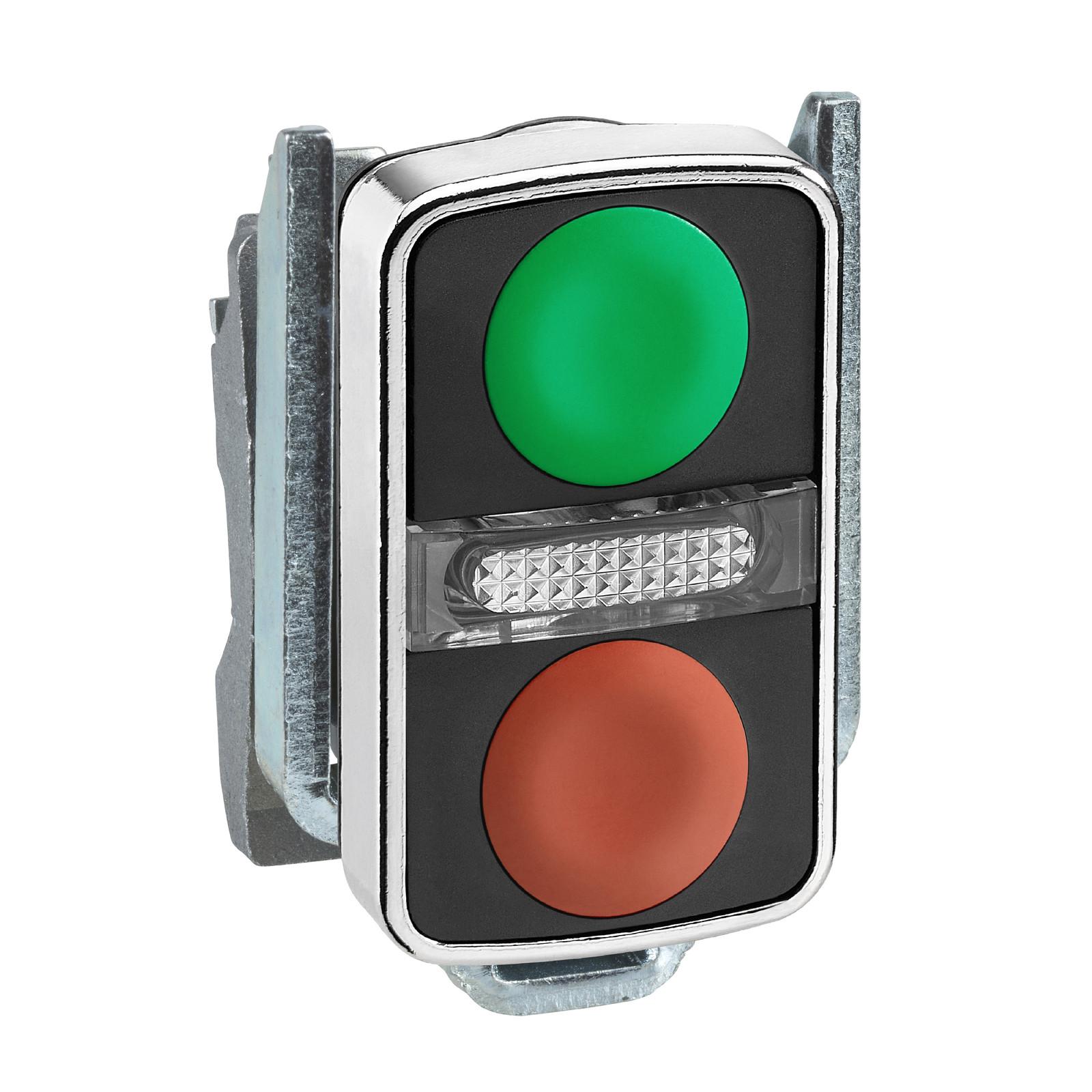 Illuminated double headed push button head, Harmony XB4, metal, 22mm, 1 green fLush+1 pilot light+1 red flush, unmarked
