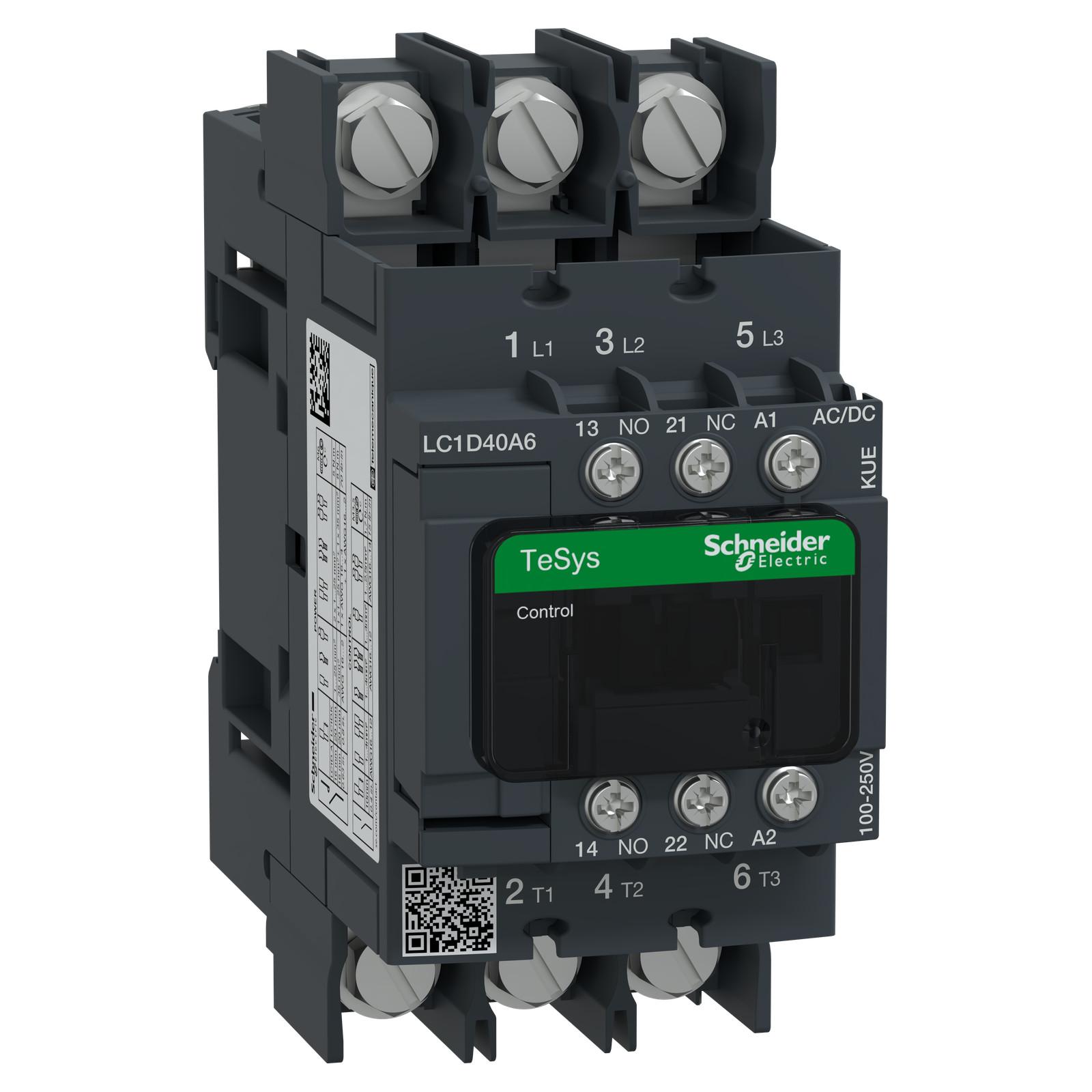 IEC contactor, TeSys Deca Green, nonreversing, 40A, 30HP at 480VAC, 3 phase, 3 pole, 3 NO, 100/250VAC/VDC coil, open style