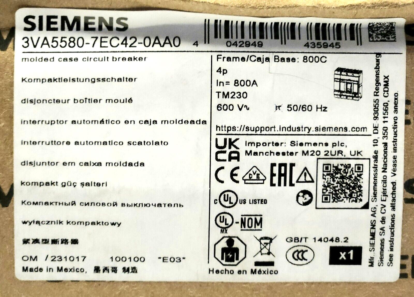BRKR 3VA55 4P 800A 100KA FTAM NUT
