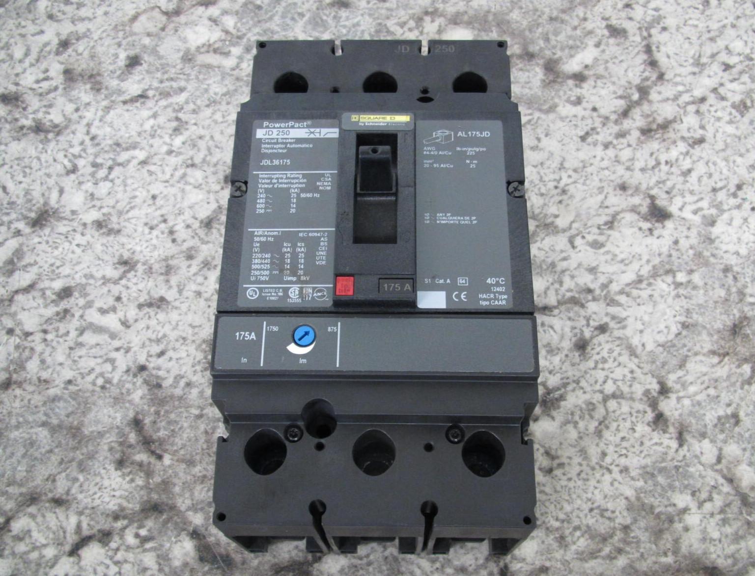 Circuit breaker, PowerPacT J, 175A, 3 pole, 600VAC, 14kA, lugs, thermal magnetic, 80%