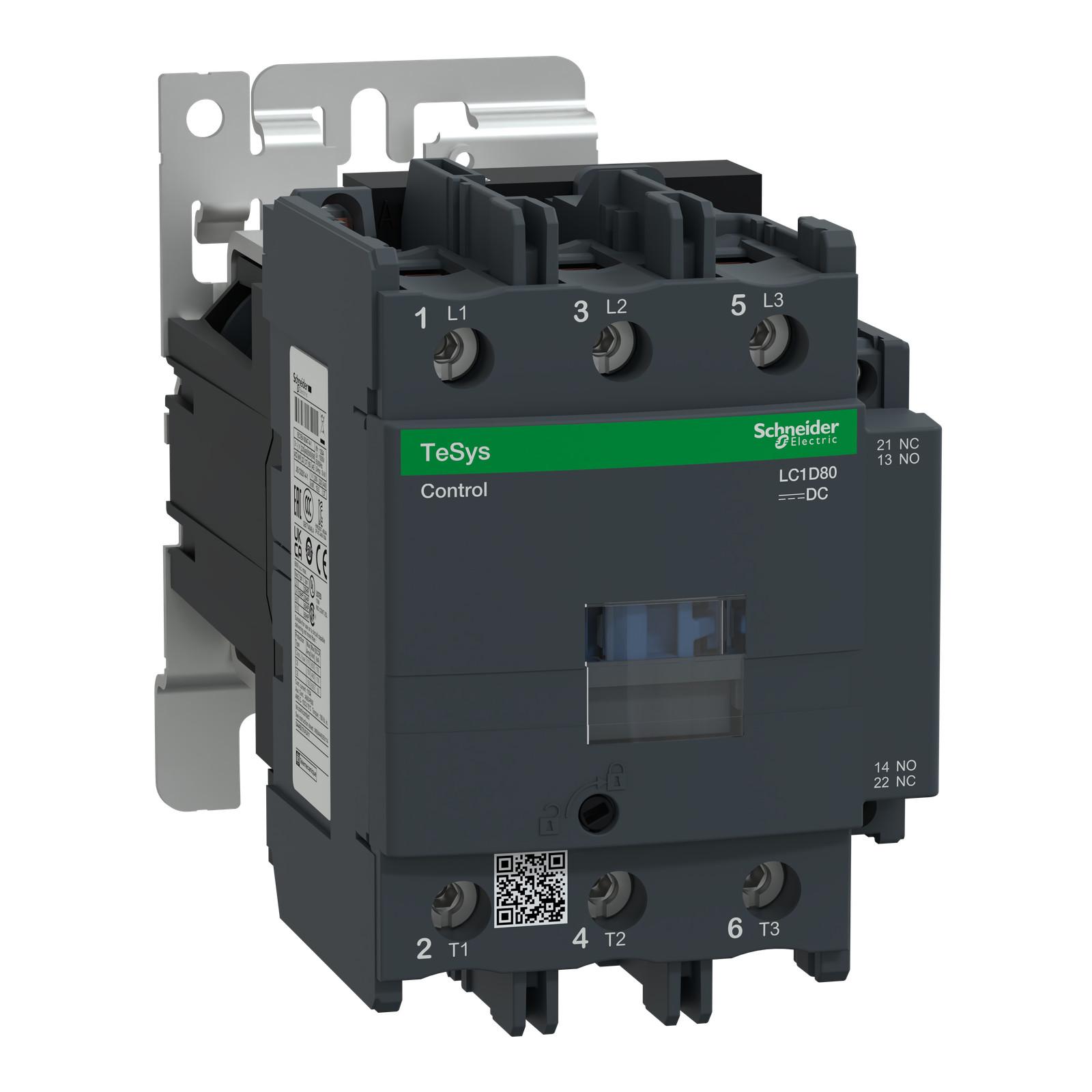 IEC contactor, TeSys Deca, nonreversing, 80A, 60HP at 480VAC, up to 100kA SCCR, 3 phase, 3 NO, 220VDC coil, open style