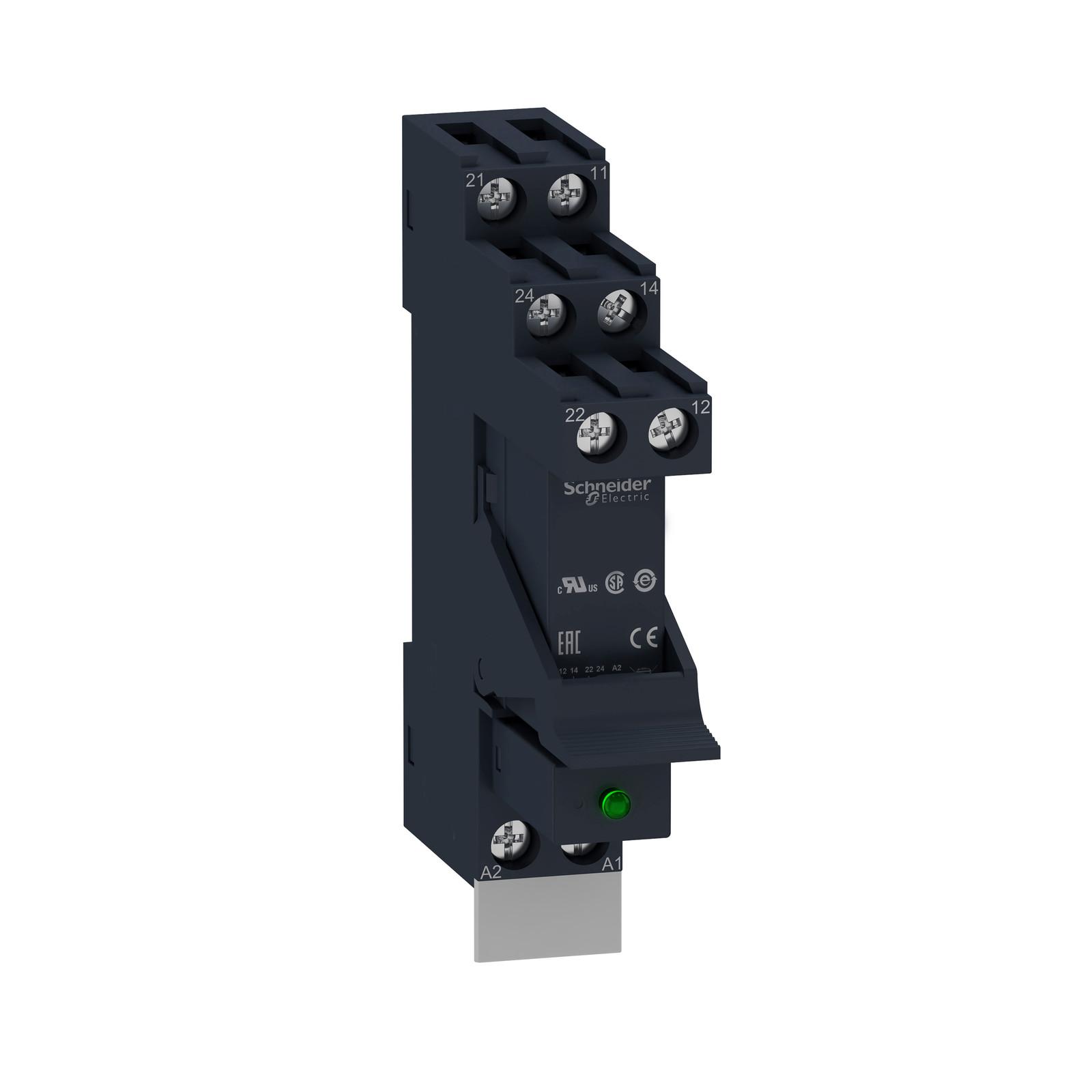 Interface plug-in relay, Harmony electromechanical relays, pre-assembled, 8A, 2CO, with LED, 24V AC
