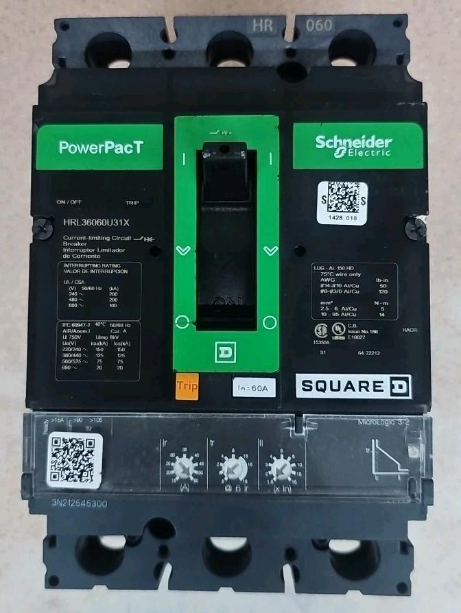 Circuit breaker, PowerPacT H, 60A, 3 pole, 600VAC, 100kA, lugs, Micrologic 3.2, 80%