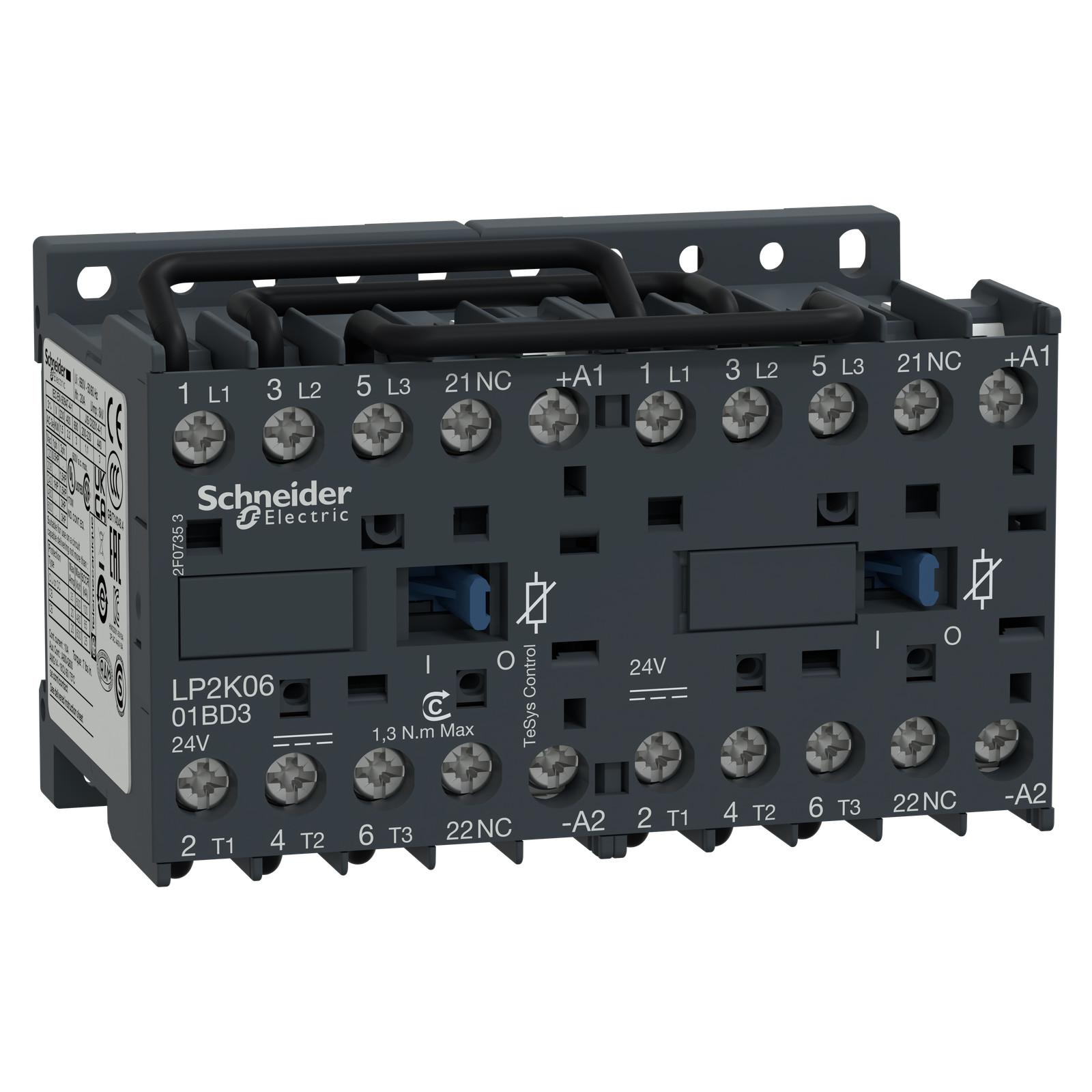 Reversing contactor, TeSys K, 3P, AC-3, lt or eq to 440V 6A, 1 NC, 24VDC coil