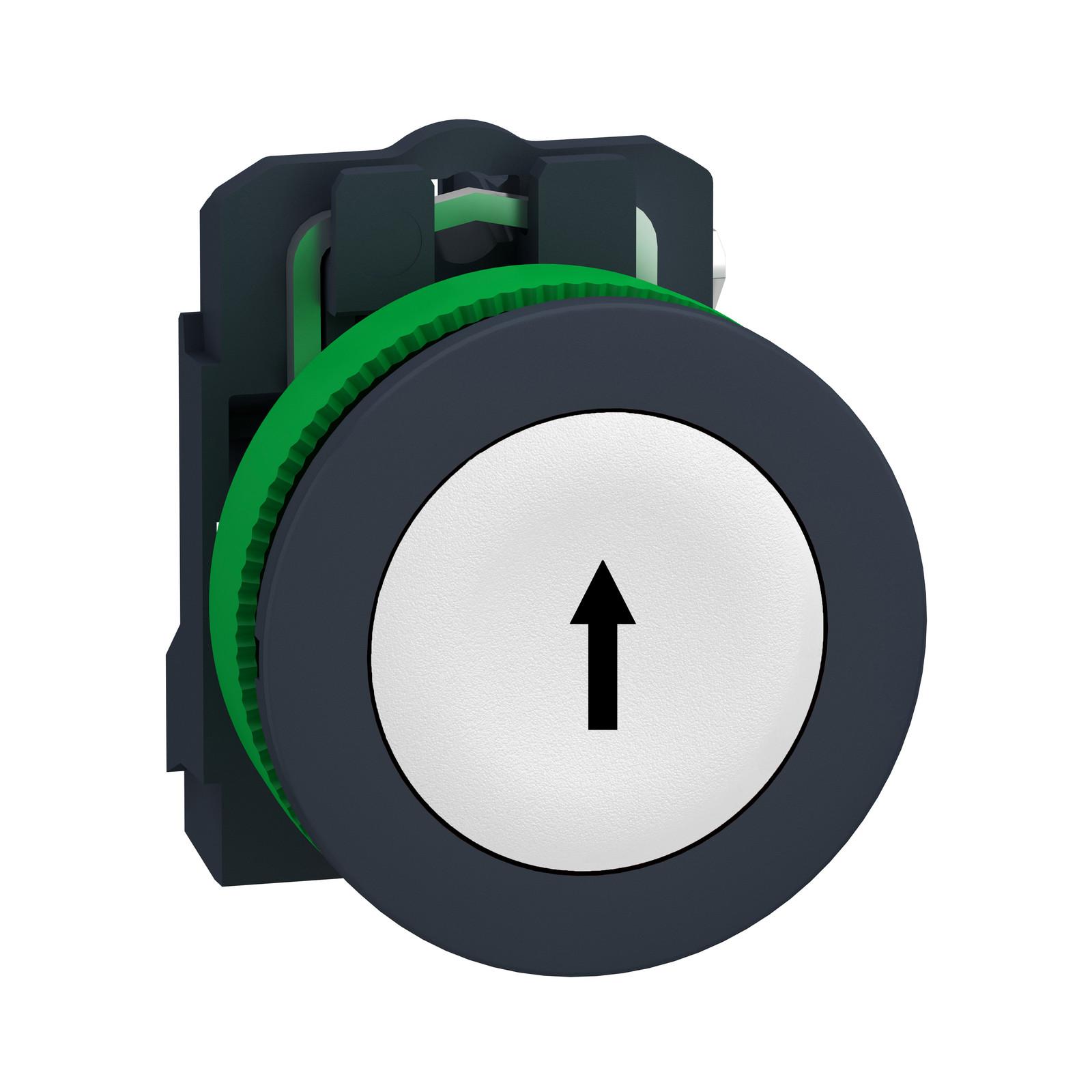 Antimicrobial Push button flush mounted, Harmony XB5, plastic, white, 30mm, spring return, marked UP ARROW, 1NO