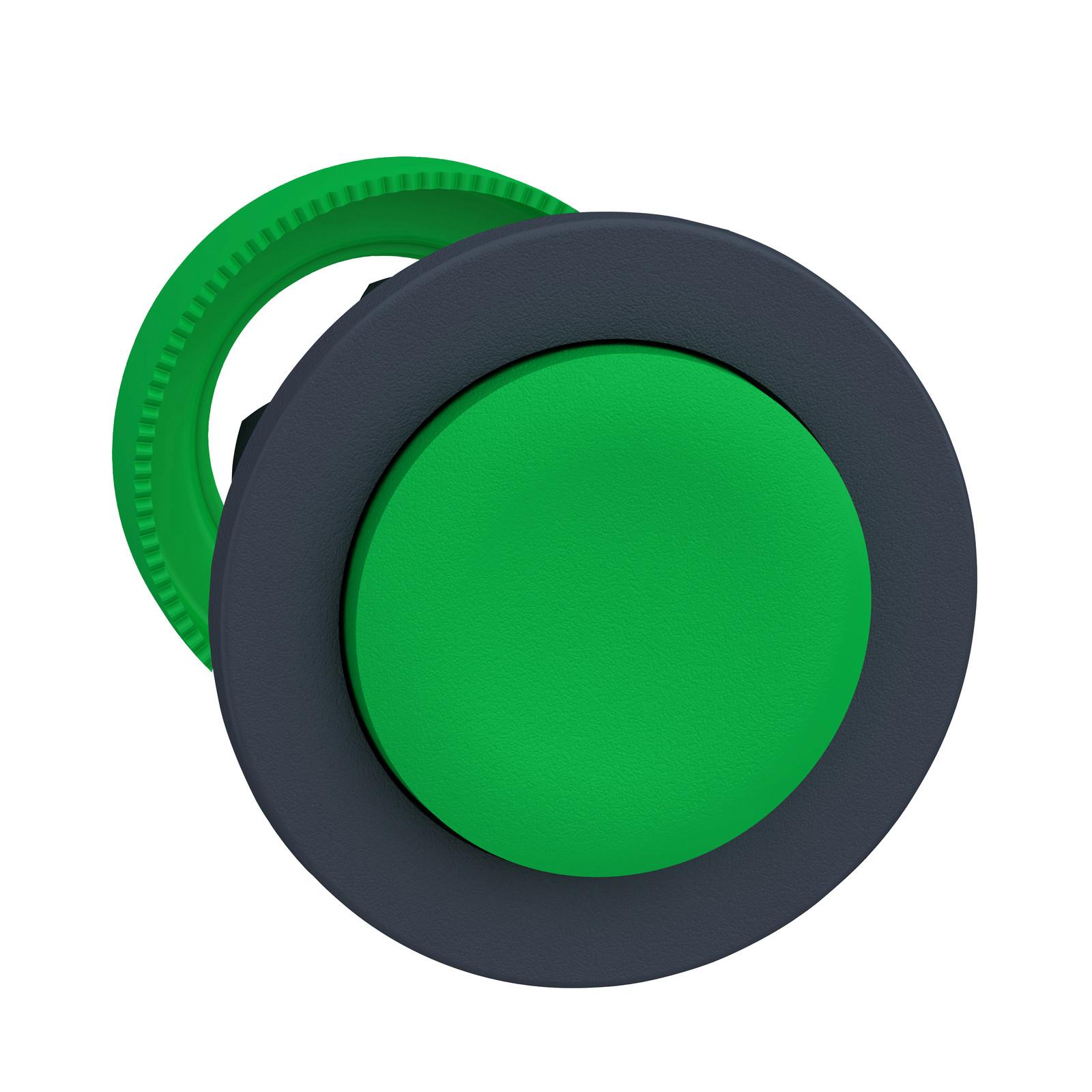 Harmony XB5, Antimicrobial Flush mounted push button head, plastic, projecting, green, Ø30, spring return, unmarked, dark grey bezel