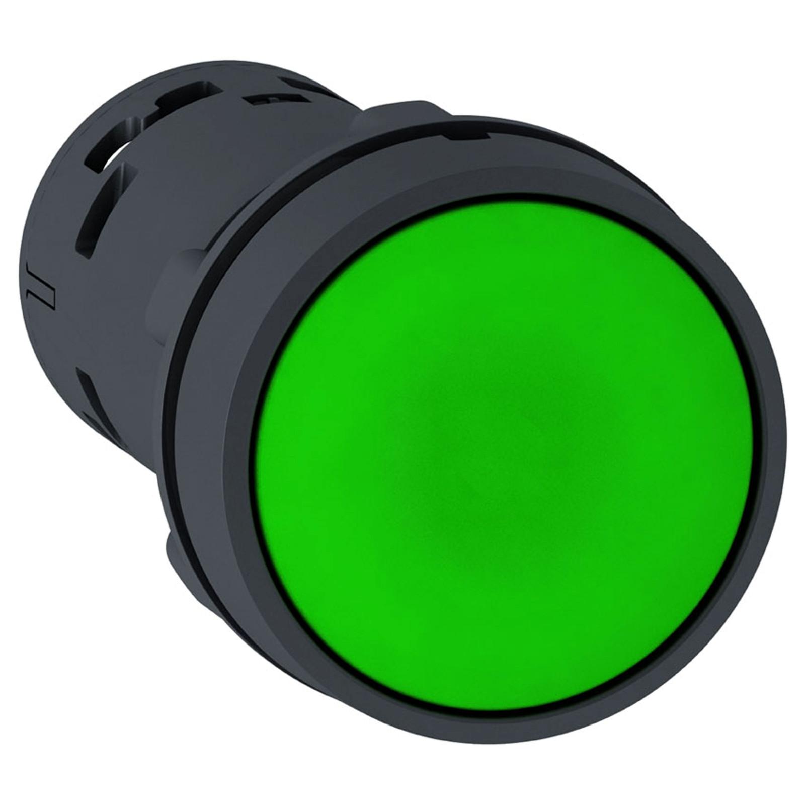 Push button, Harmony XB7, round green flush, 22mm, push to release, 1NO + 1NC, unmarked