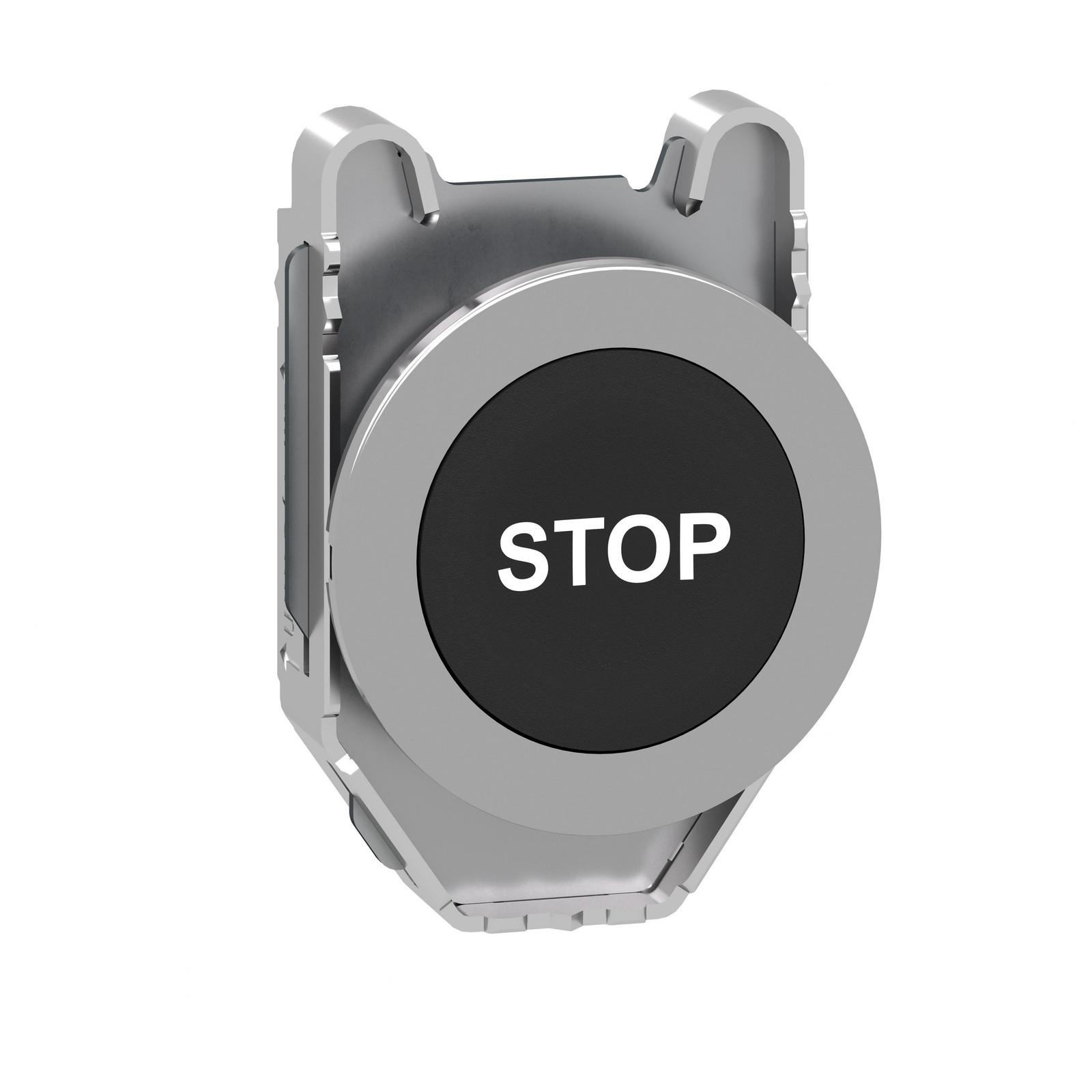 Head for non illuminated push button, Harmony XB4, flush mounted black flush caps pushbutton white marked "STOP"