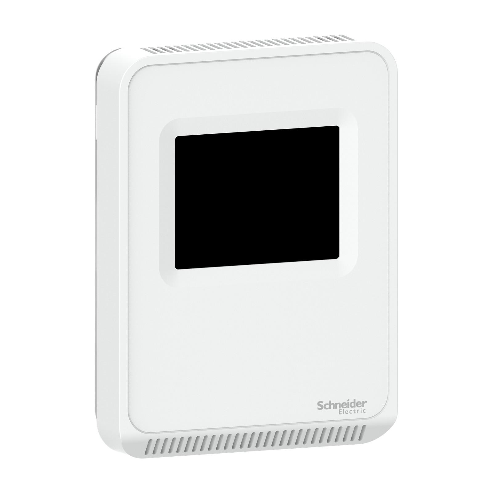 Sensor, SpaceLogic SLA Series, air quality, CO2, VOC, humidity, temperature, room, color touchscreen, analog outputs, matte white housing