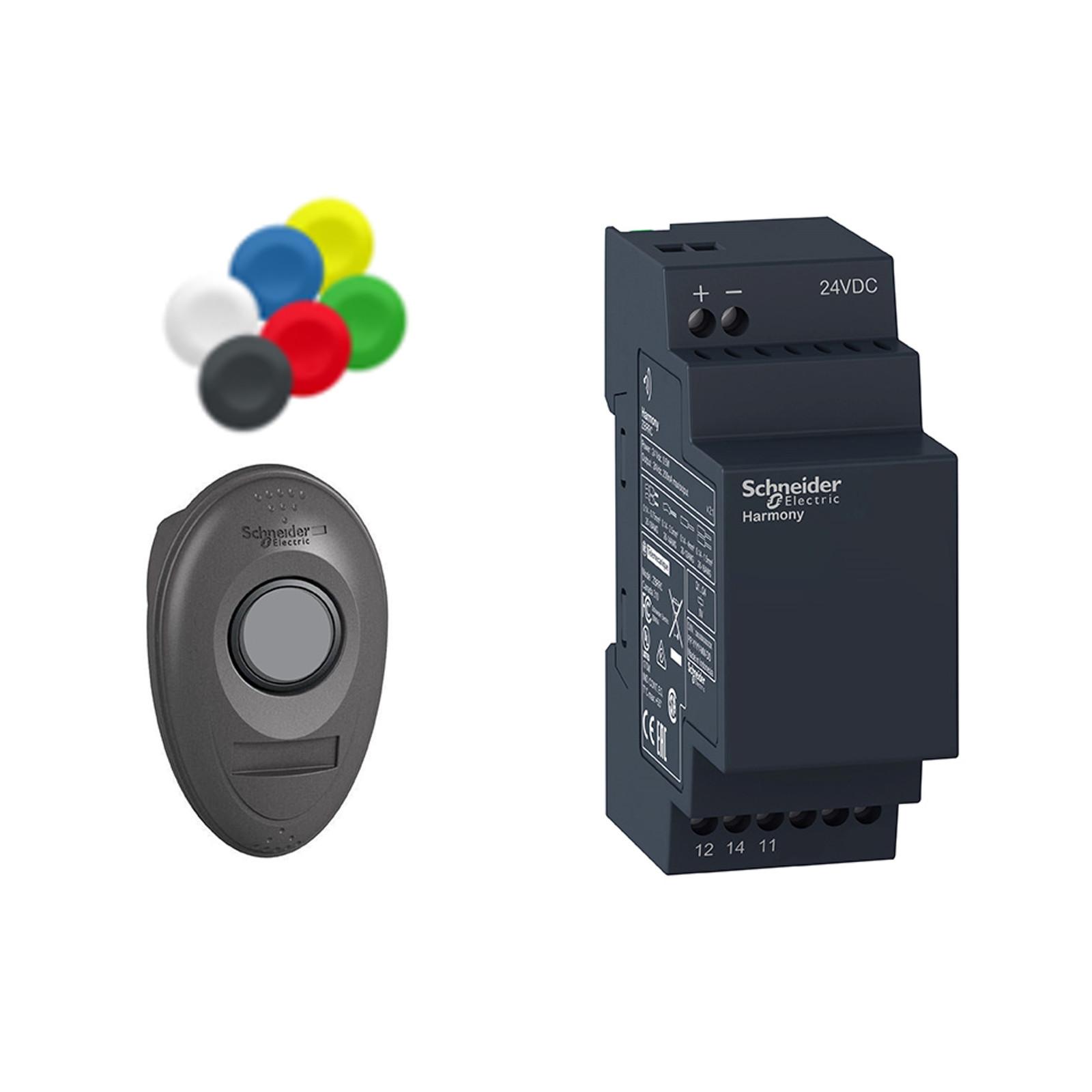 Pack with 1 wireless and batteryless push button +1 non configurable receiver + 1 set of caps, Harmony XB5, plastic, 22mm, 24V DC