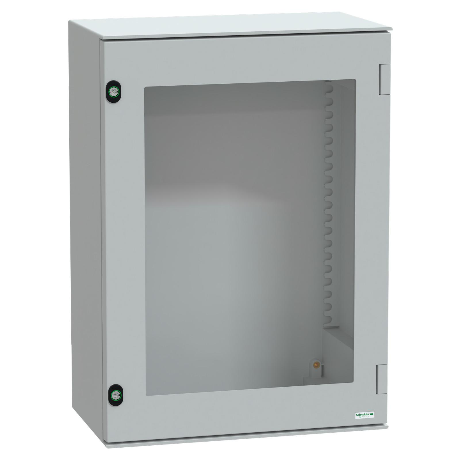 Wall mounted polyester enclosure, Thalassa PLM, glazed door, 747x536x300mm, IP66, IK08, RAL 7035