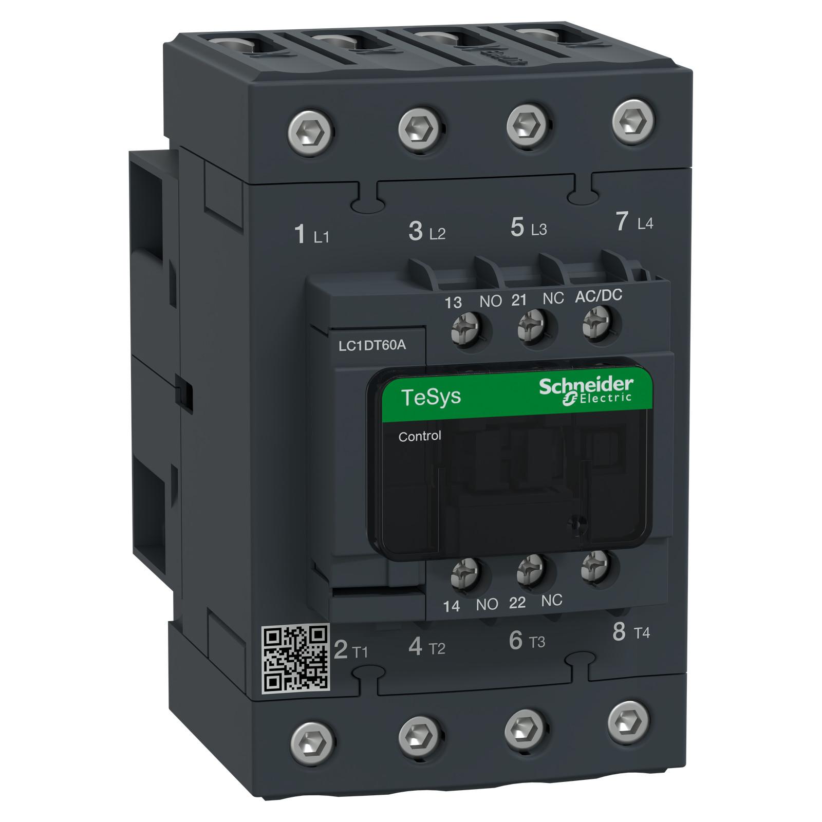 IEC contactor, TeSys Deca Green, nonreversing, 60A resistive, 4 pole, 4 NO, 24/60VAC/VDC coil, open style