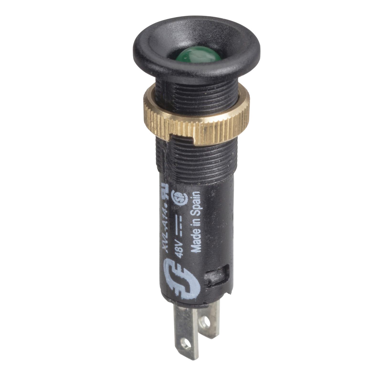LED pilot light with black bezel, Harmony XVL, green, 8mm, IP40, protruding LED, faston connectors, 48V