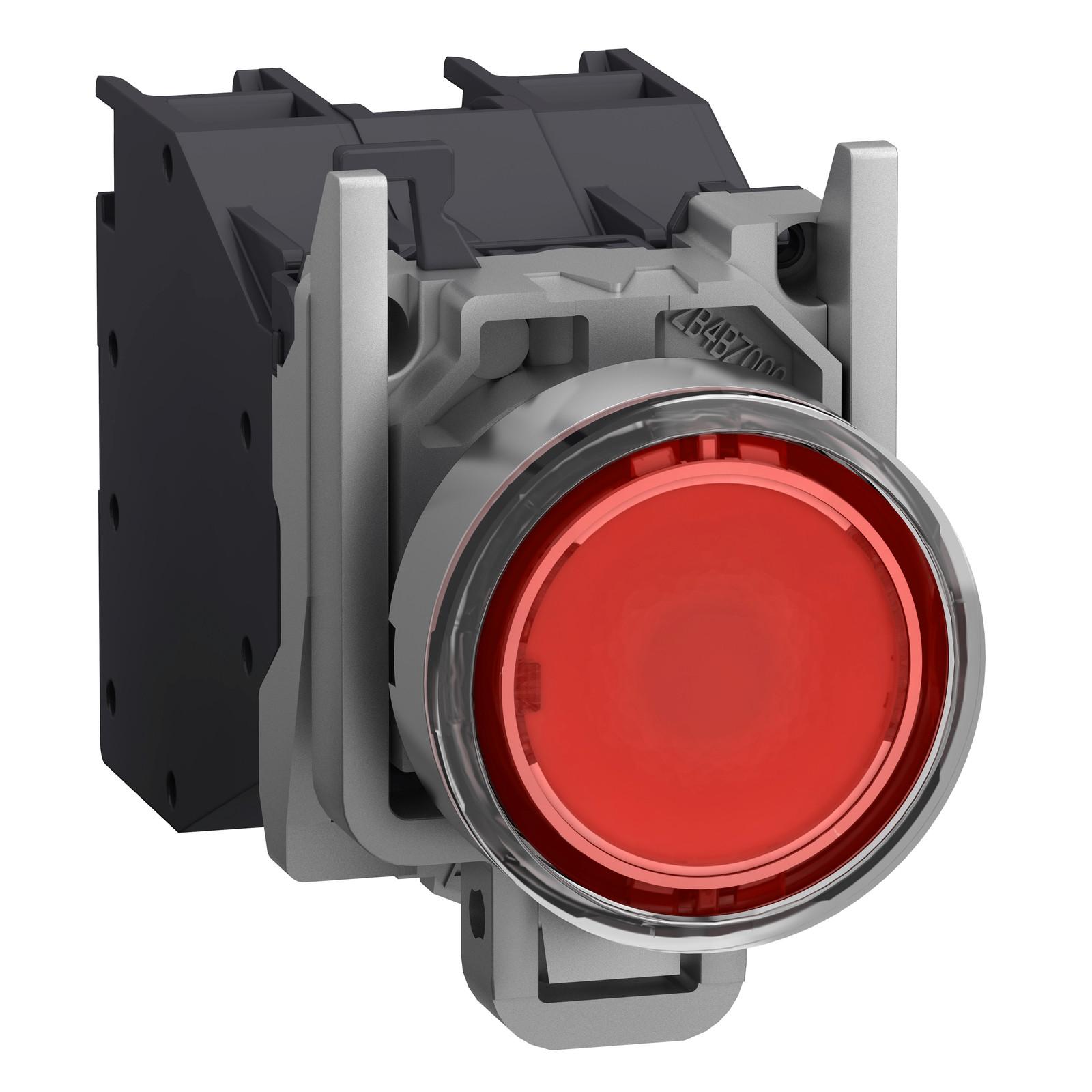 Complete illuminated push button, Harmony XB4 - ATEX D, metal, red flush, 22mm, spring return, booted, 1NC, 24...254V AC DC