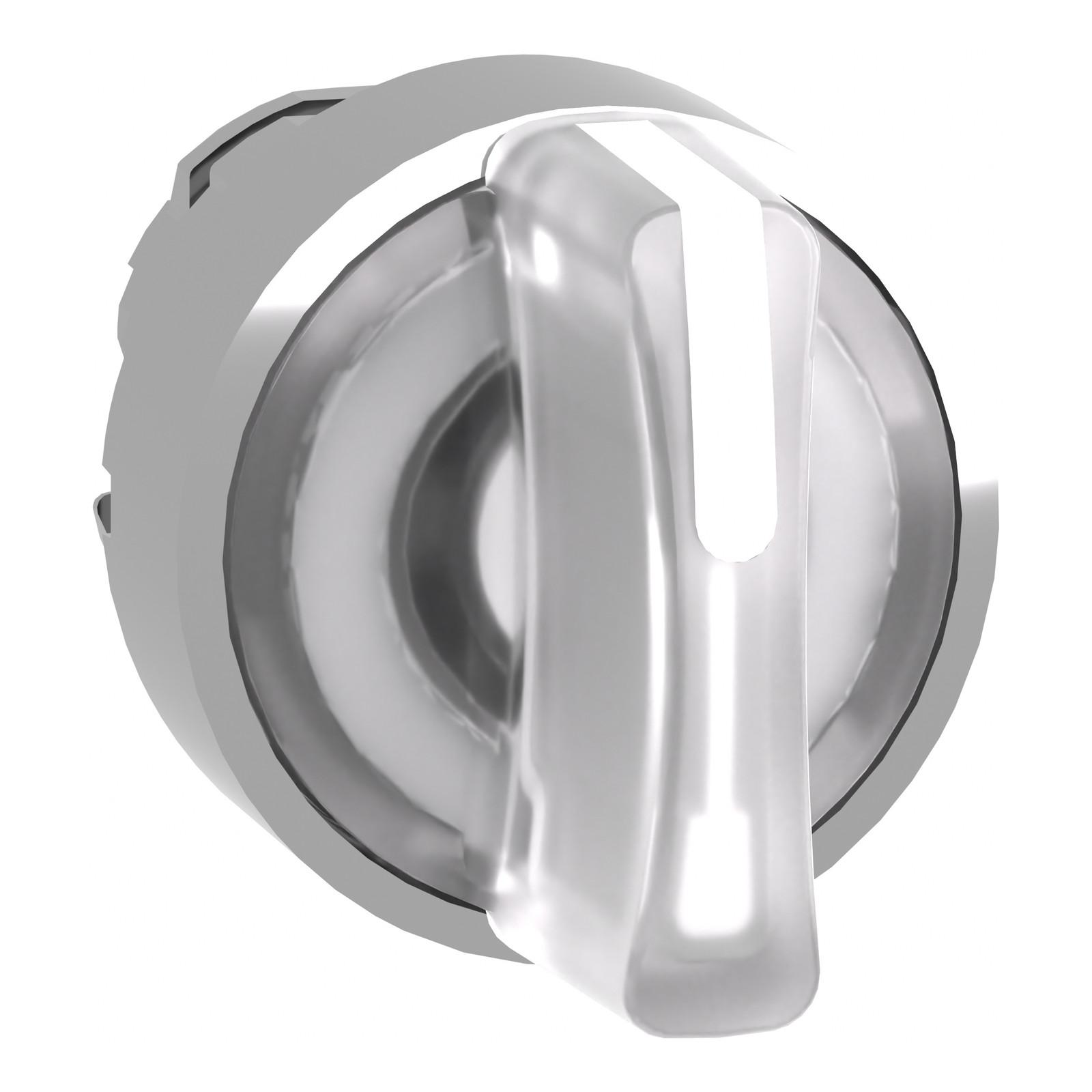 Head for illuminated selector switch, Harmony XB4, chromium metal, white handle, 22mm, universal LED, 3 positions, right to center