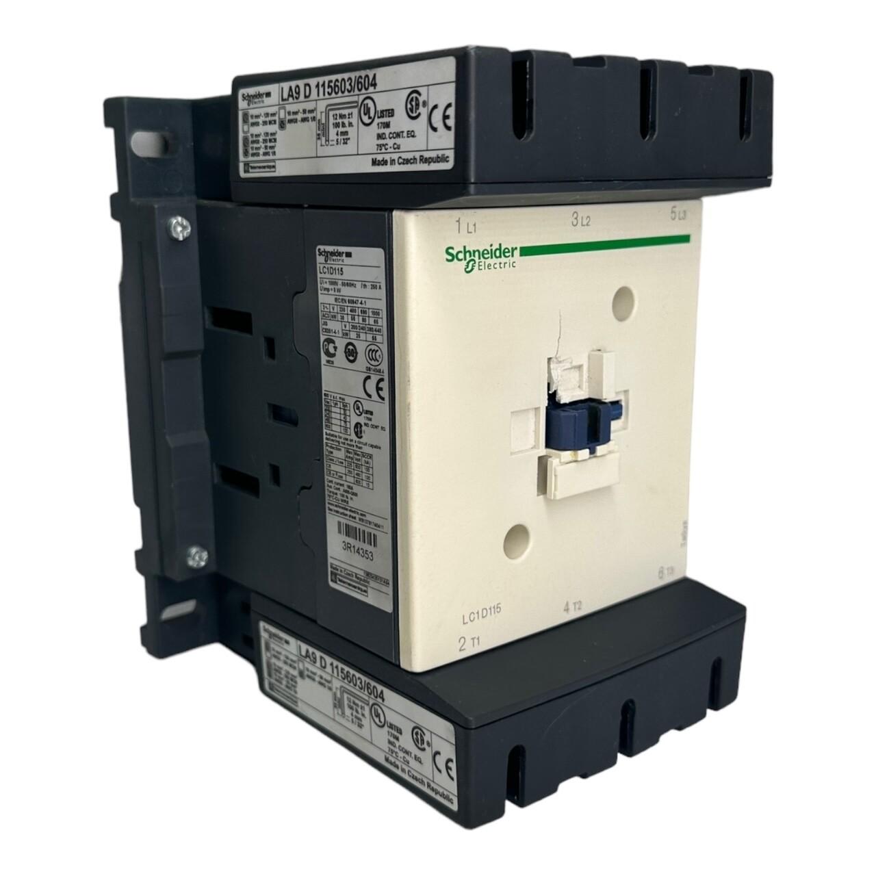 IEC contactor, TeSys Deca, nonreversing, 115A, 75HP at 480VAC, up to 100kA SCCR, 3 phase, 3 NO, 230VAC 50/60Hz coil, open