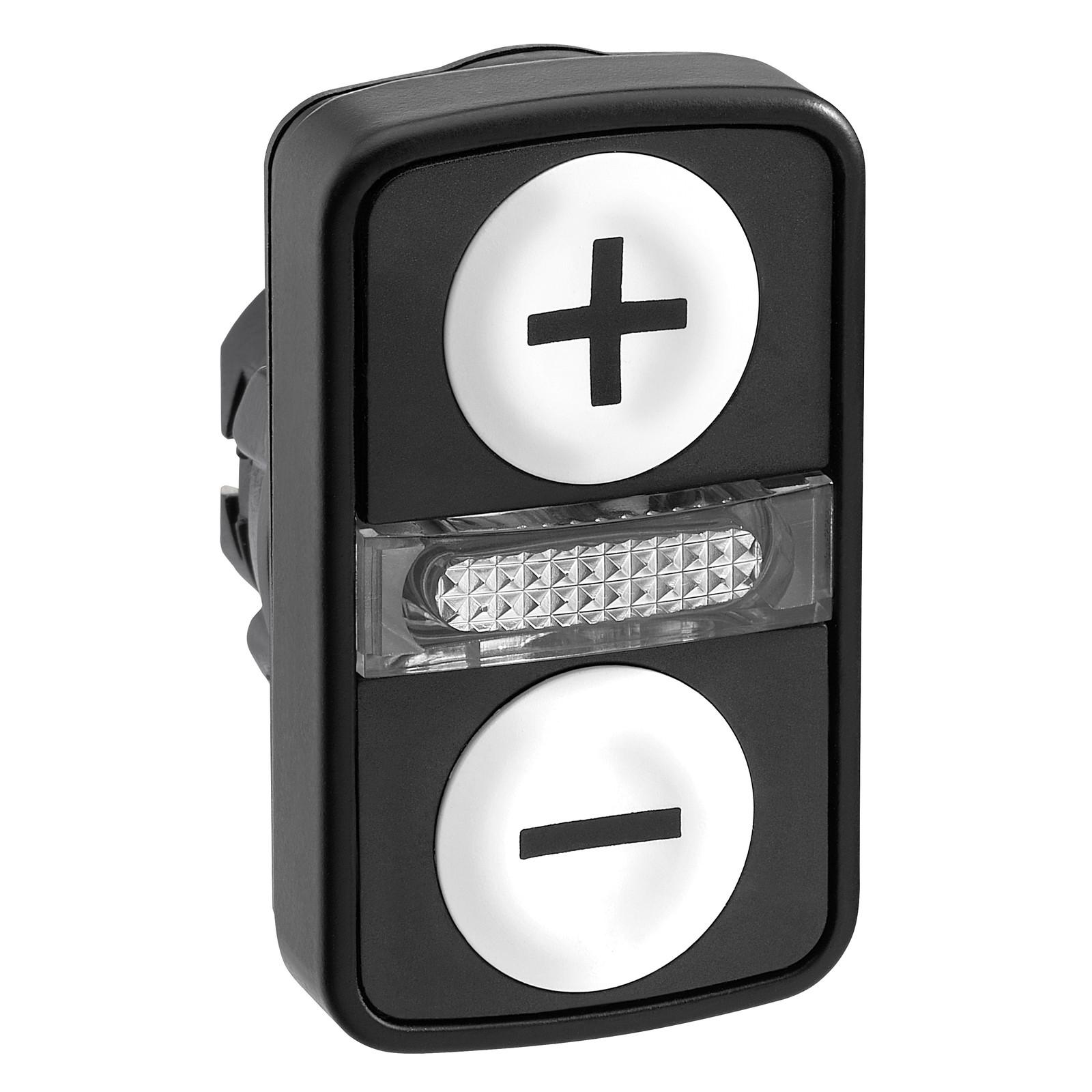 Head for illuminated double headed push button, Harmony XB5, 2 white flush, 22mm, black marked + and -