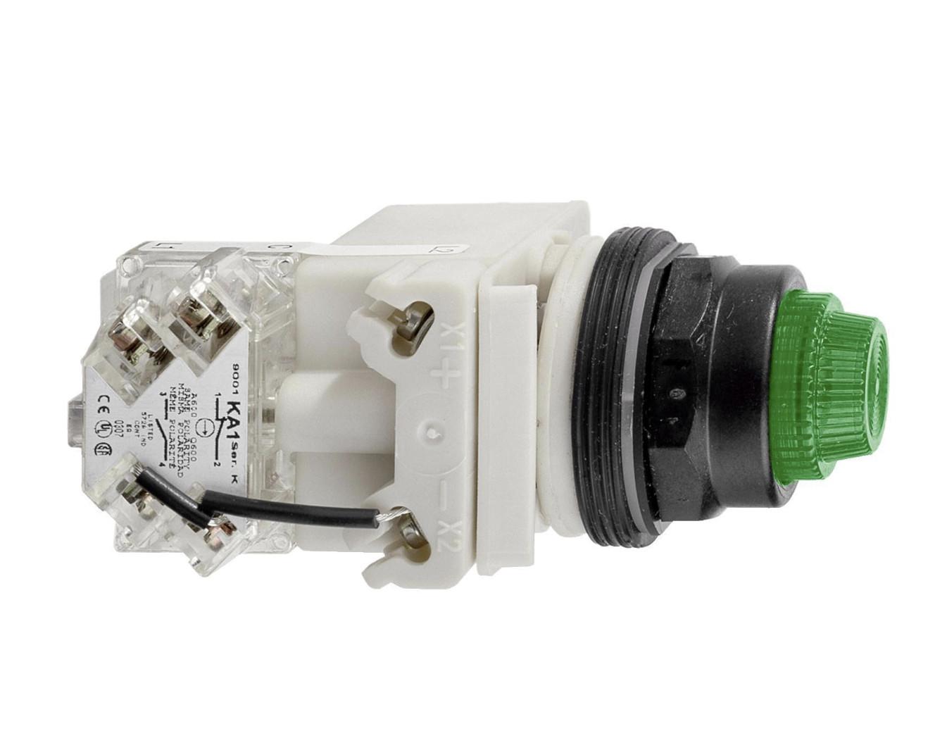 30mm push button, Type SK, push to test pilot light, green 24/28VAC/VDC LED light module, green fresnel lens, NEMA 4, 4X