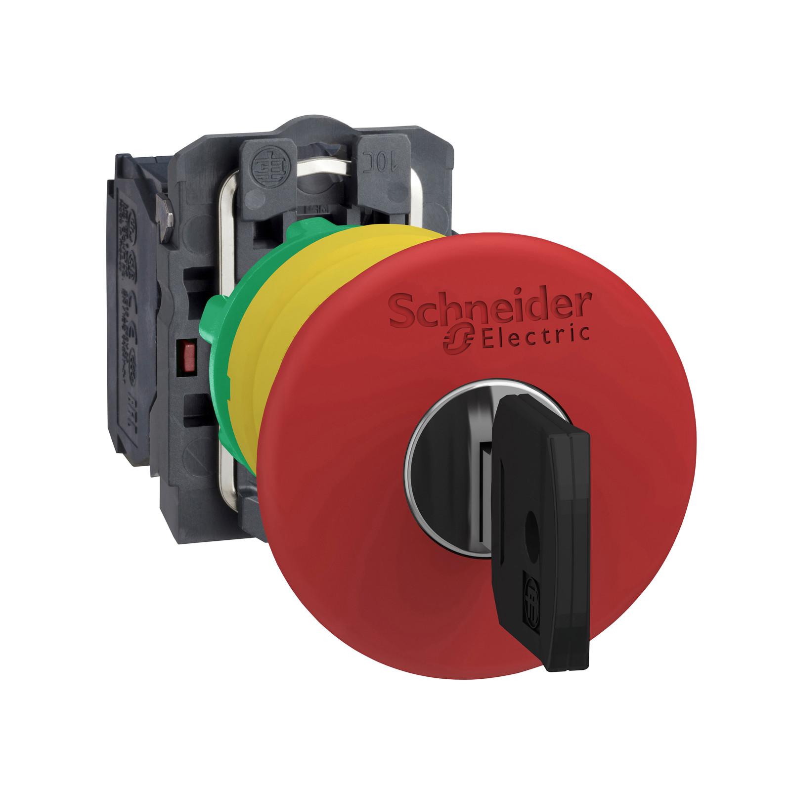Emergency stop switching off, Harmony XB5, plastic, red mushroom 40mm, 22mm trigger latching key release, 1NC