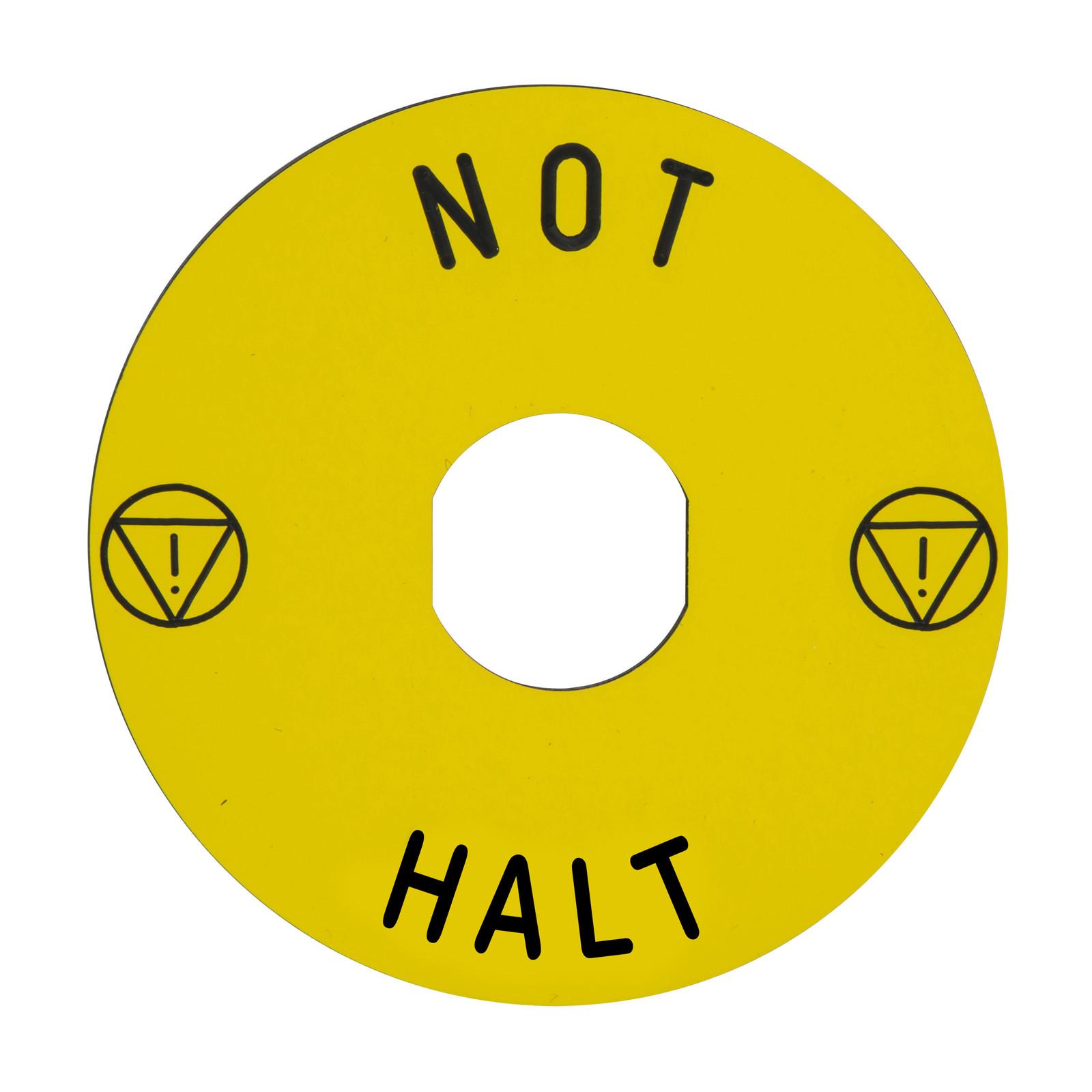 Marked legend, Harmony XB4, Harmony XB5, yellow, 90mm, for emergency stop, marked NOT HALT/logo ISO13850