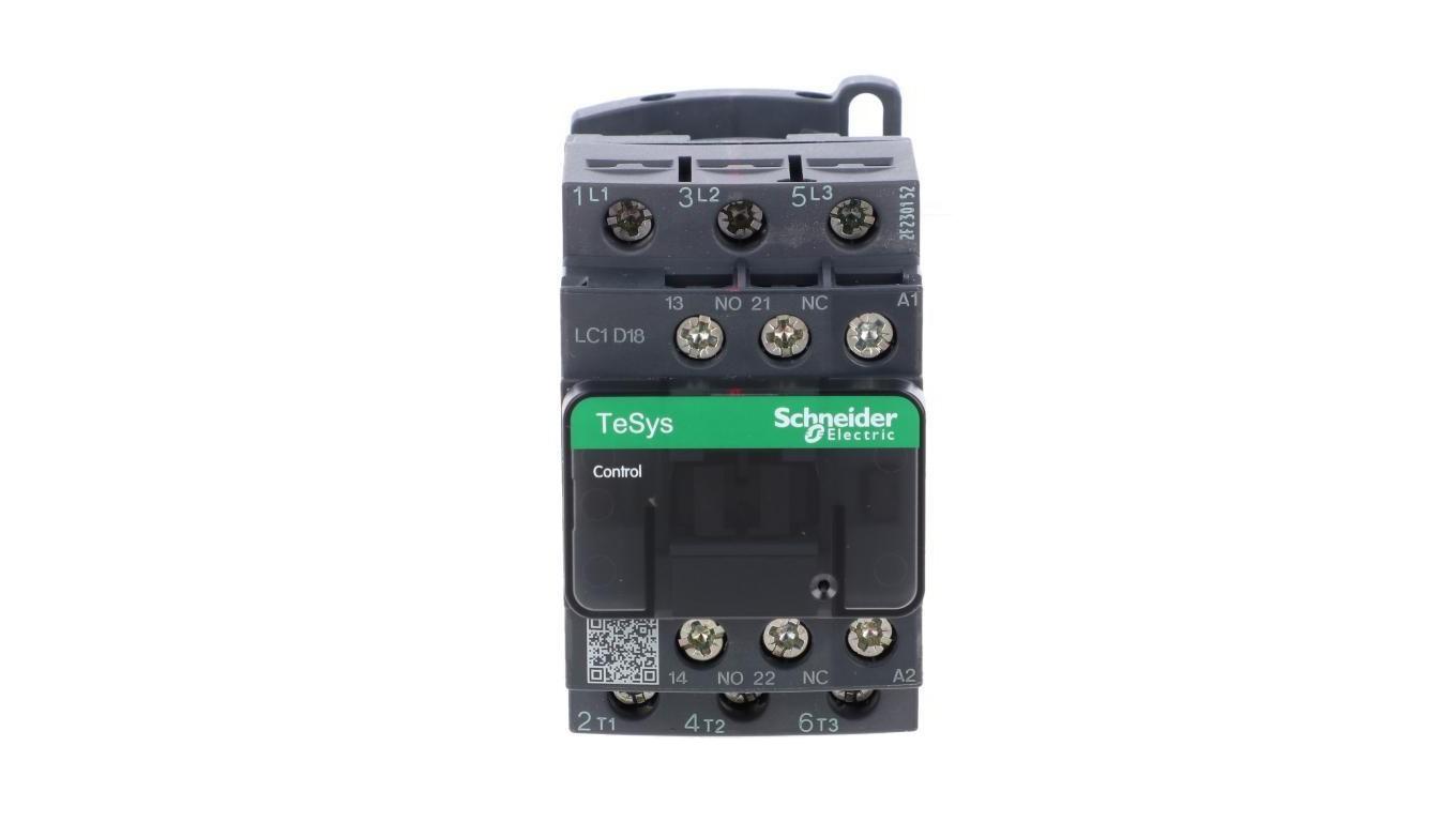 IEC contactor, TeSys Deca, nonreversing, 18A, 10HP at 480VAC, up to 100kA SCCR, 3 phase, 3 NO, 380VAC 50/60Hz coil, open