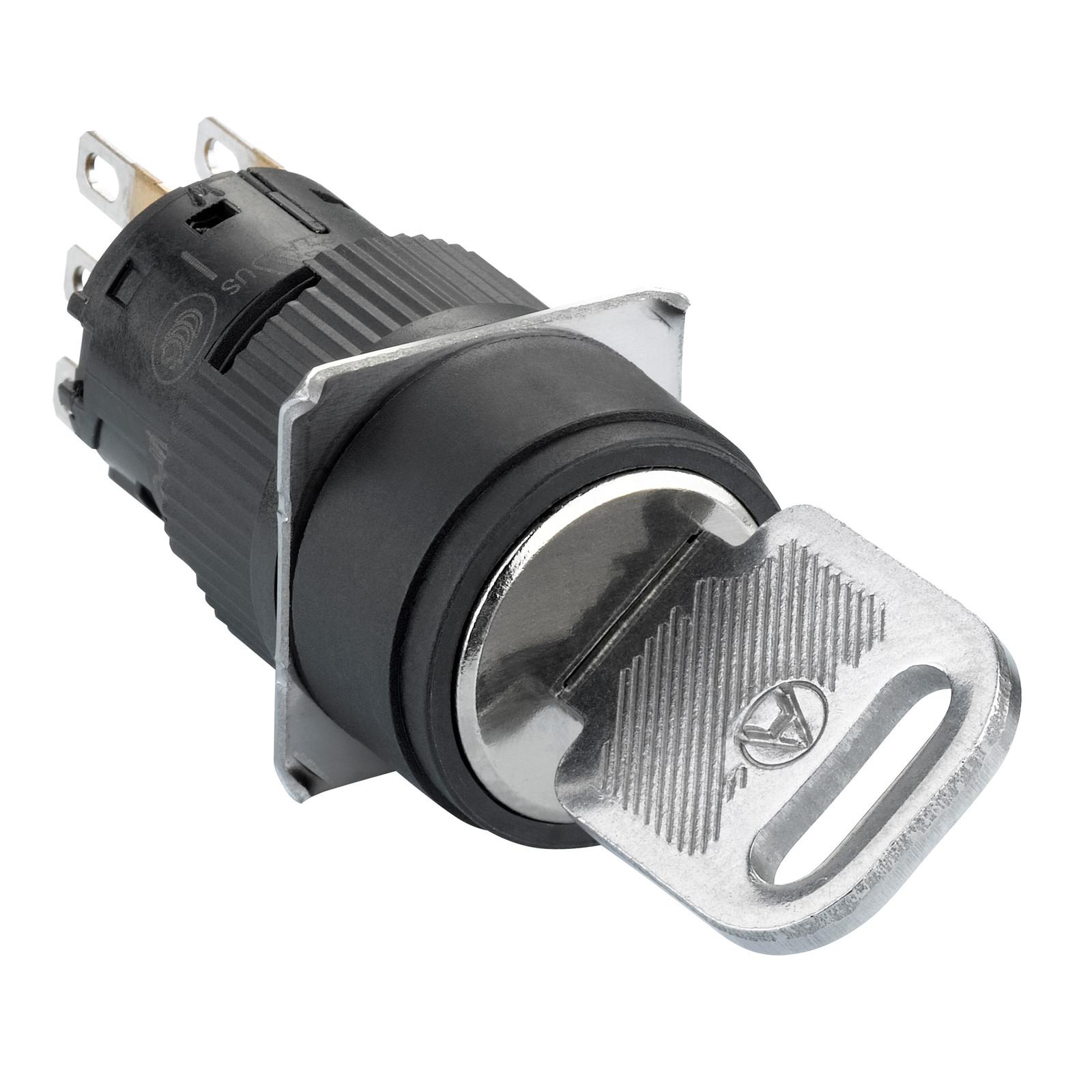 Monolithic selector switch, Harmony XB6E, round black key, 16mm, 2 positions, projecting keylock, stay put, 1CO, key 132