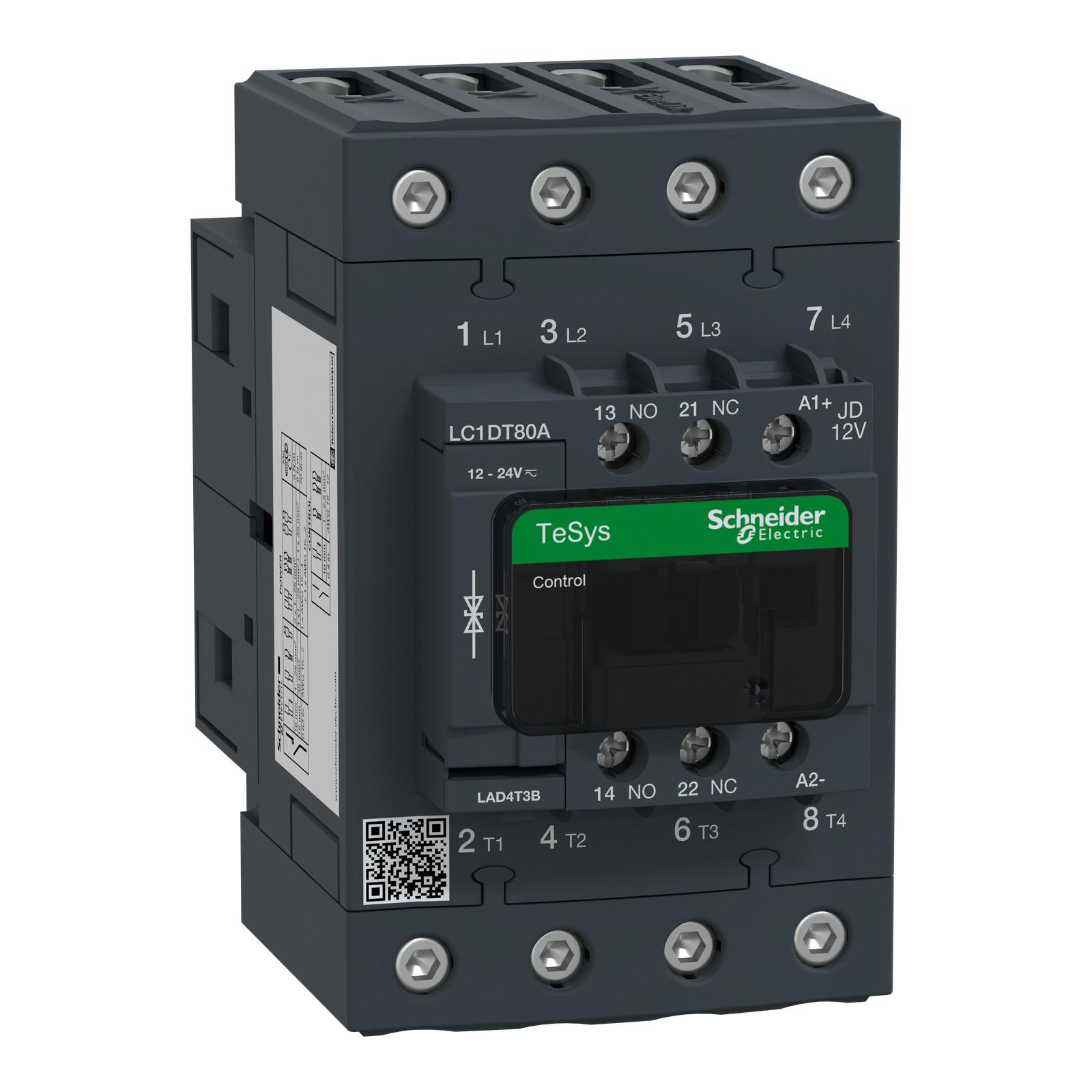 IEC contactor, TeSys Deca, nonreversing, 80A resistive, 4 pole, 4 NO, 12VDC coil, open style