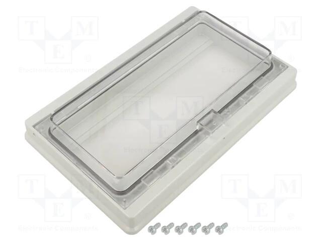 Modular front panel with sealed window. Opening 46 x180mm (10 modules).