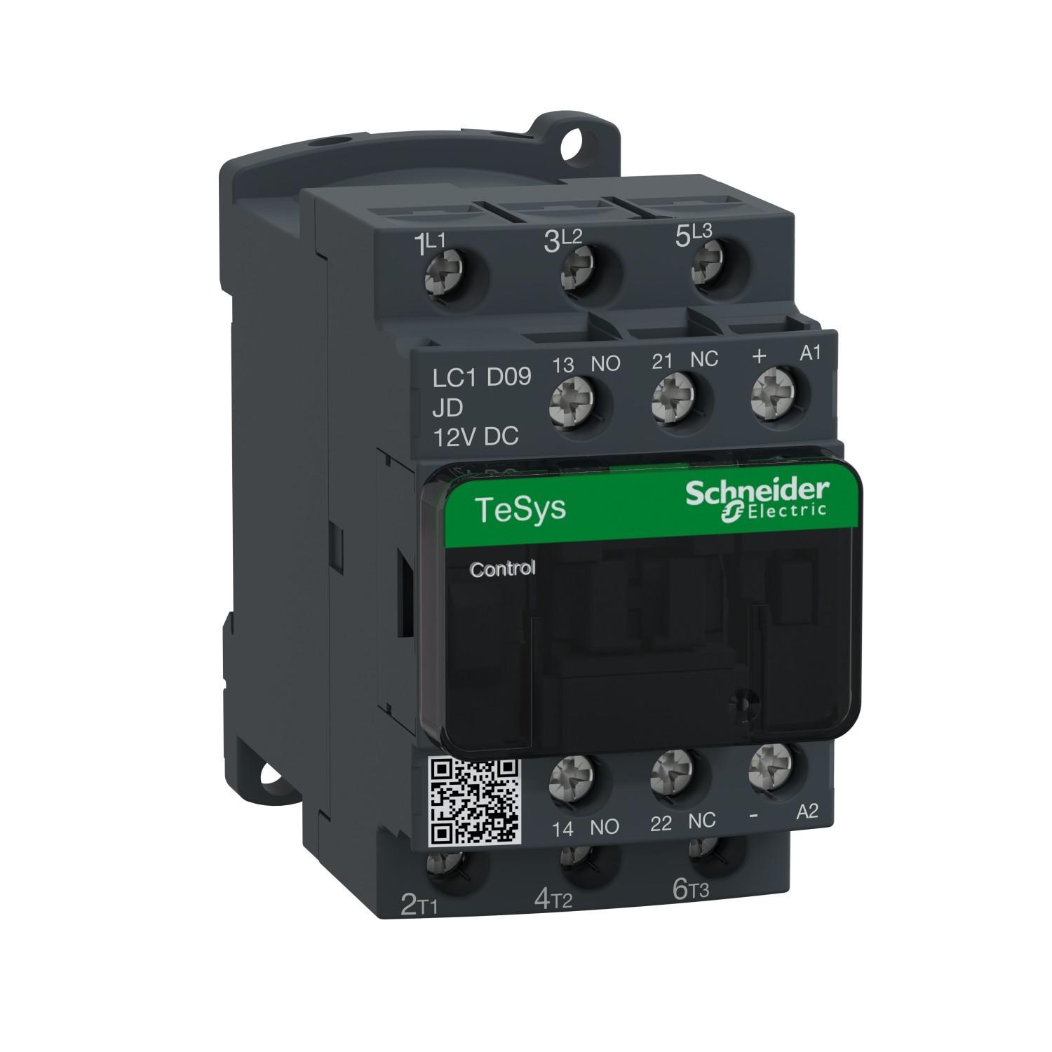 IEC contactor, TeSys Deca, nonreversing, 9A, 5HP at 480VAC, up to 100kA SCCR, 3 phase, 3 NO, 12VDC coil, open style