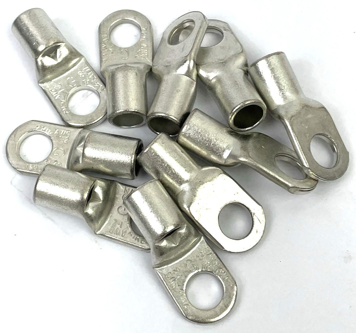 Non-Insulated Tubular Ring Terminal, Length 1.59 Inches, Width .69 Inches, Bolt Hole 3/8 Inch, Wire Range 2/2AN, Copper, Tin Plated