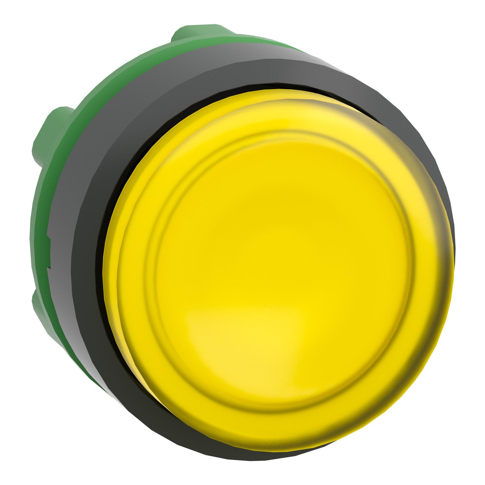 Head for illuminated push button, Harmony XB5, plastic, yellow projecting, 22mm, universal LED, grooved lens