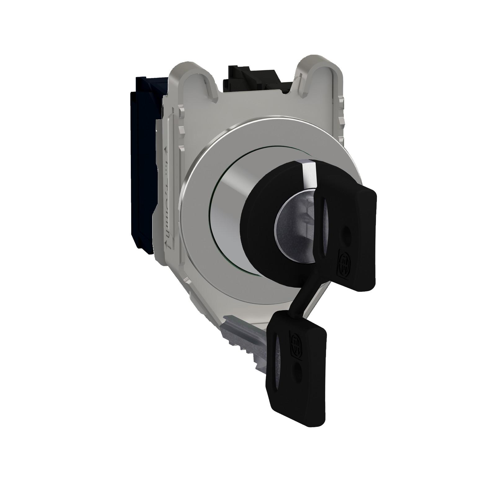 Key switch selector flush mounted, Harmony XB4, metal, black, 30mm, key 455, 3 positions, stay put, 2NO