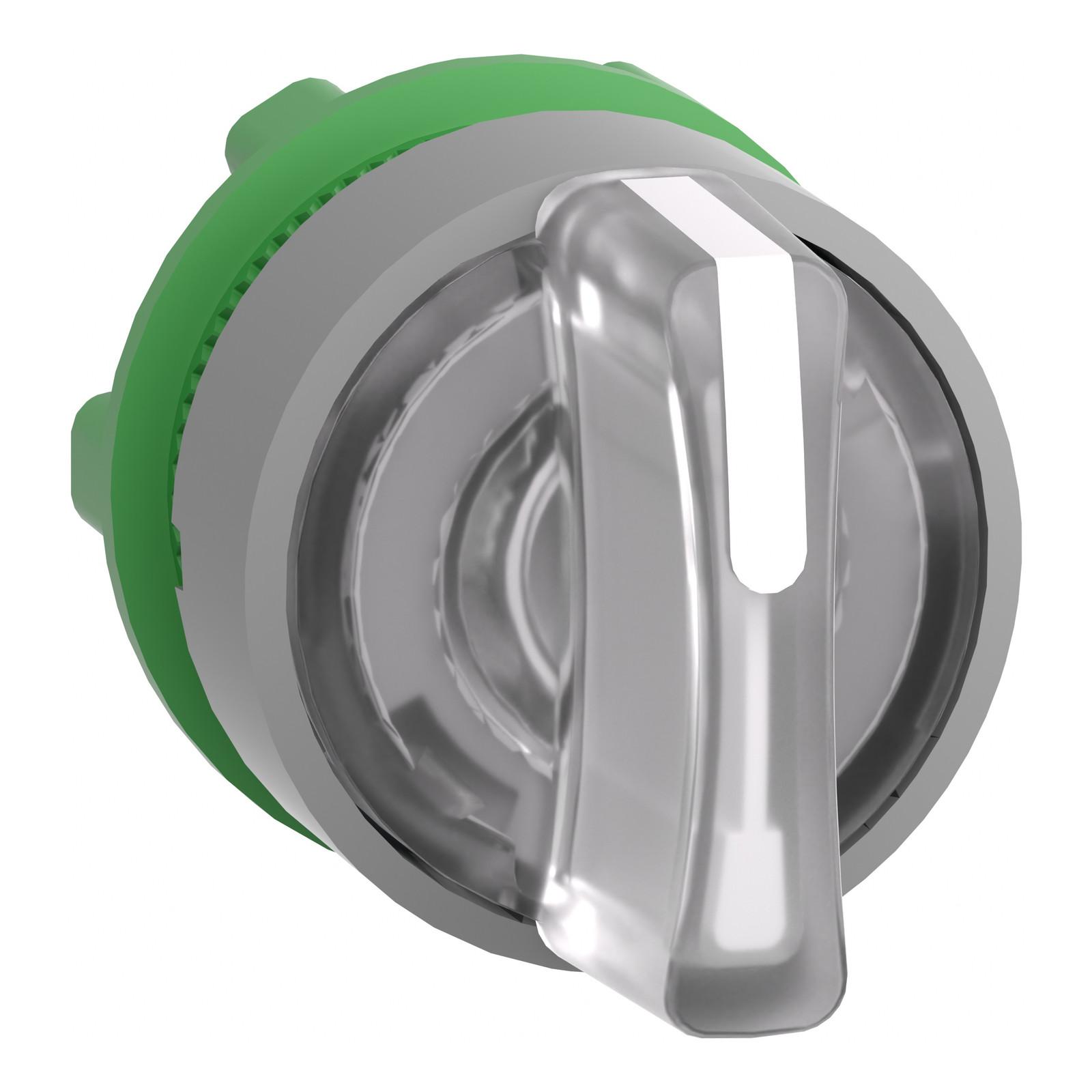 Head for illuminated selector switch, Harmony XB5, grey bezel, white handle, 22mm, universal LED, 3 positions, to center