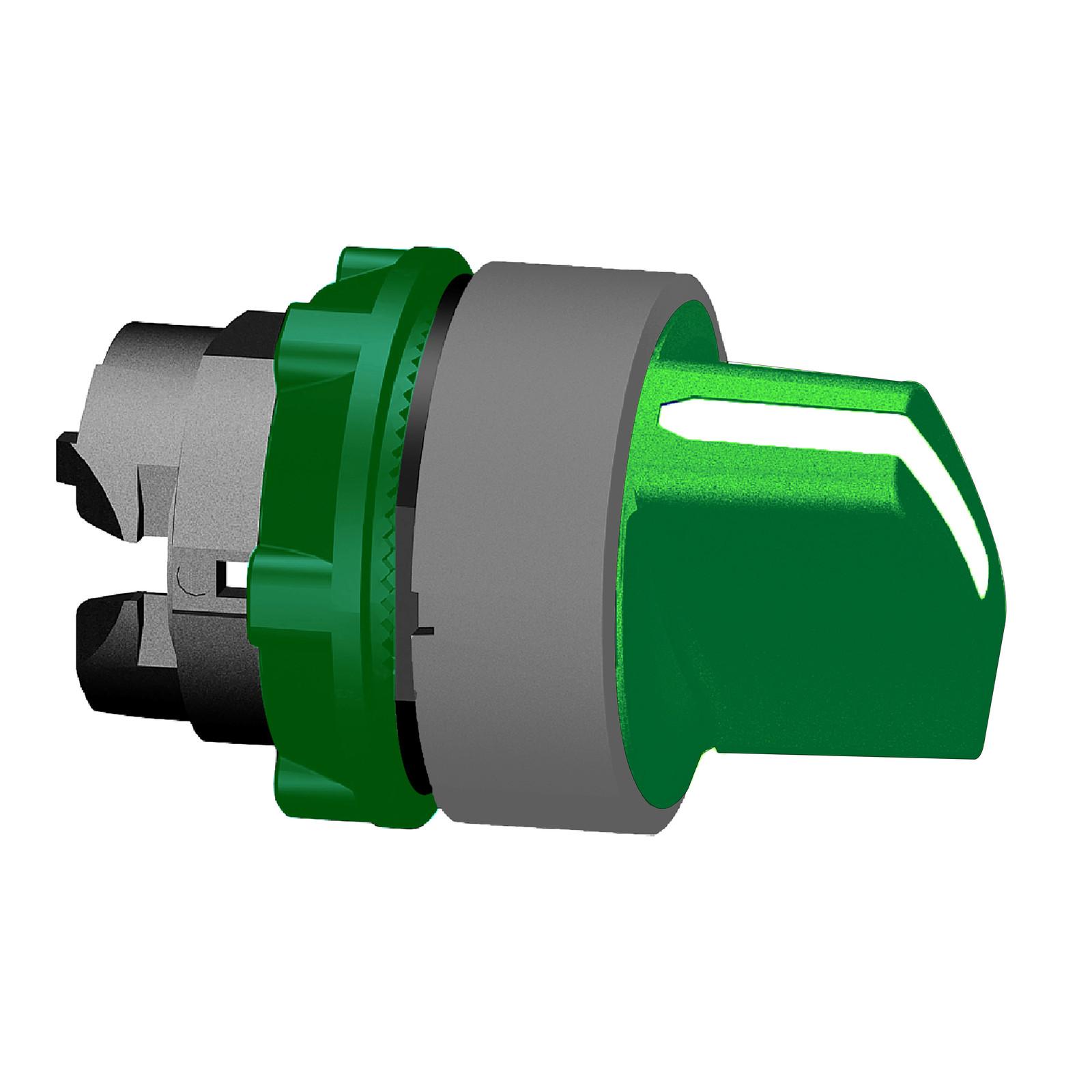 Selector switch head, Harmony XB5, plastic, green, 22mm, 3 positions, spring return from right to center, grey bezel