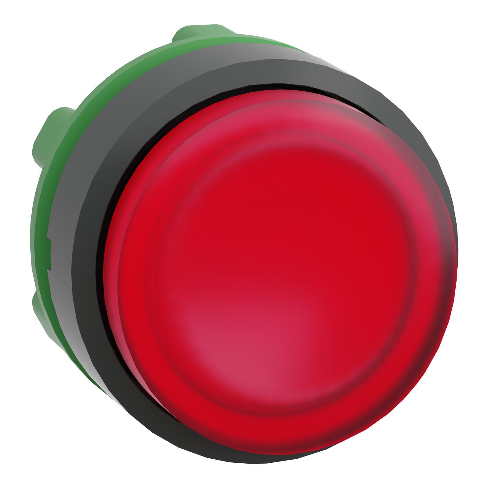Head for illuminated push button, Harmony XB5, plastic, red projecting, 22mm, universal LED, spring return, plain lens