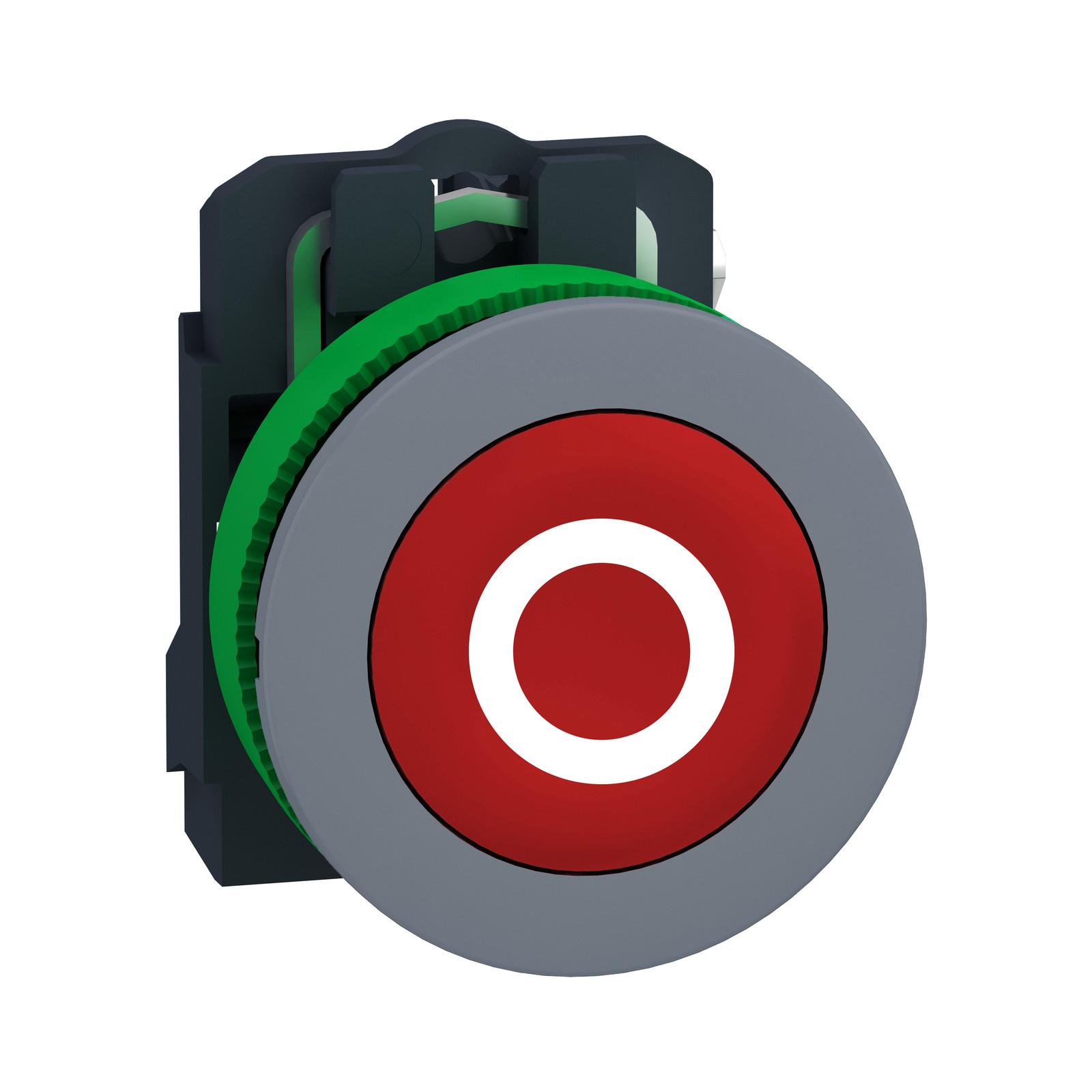 Push button, Harmony XB5, antimicrobial, grey bezel, red flush, 30mm, spring return, 1NC, white marked O