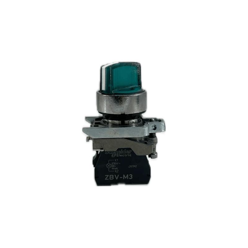Illuminated selector switch, Harmony XB4, metal, green handle, 22mm, universal LED, 2 positions, 1NO + 1NC, 24V AC DC
