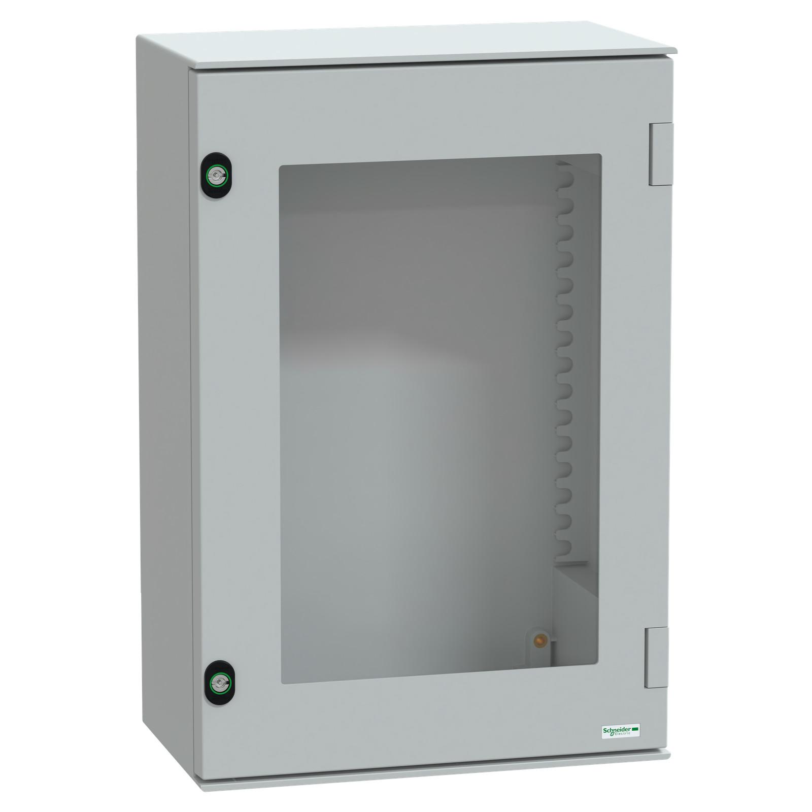 Wall mounted polyester enclosure, Thalassa PLM, glazed door, 647x436x250mm, IP66, IK08, RAL 7035