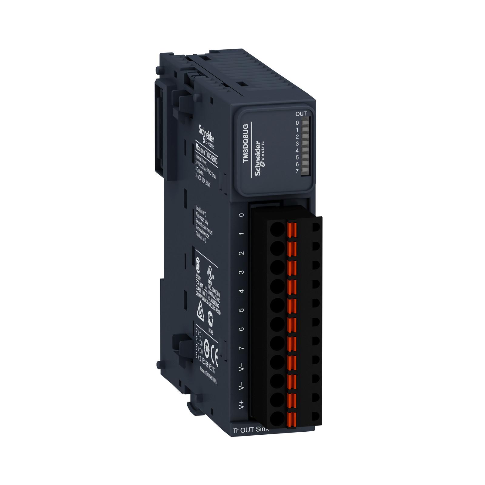 Discrete output module, Modicon TM3, 8 outputs transistor NPN (spring)