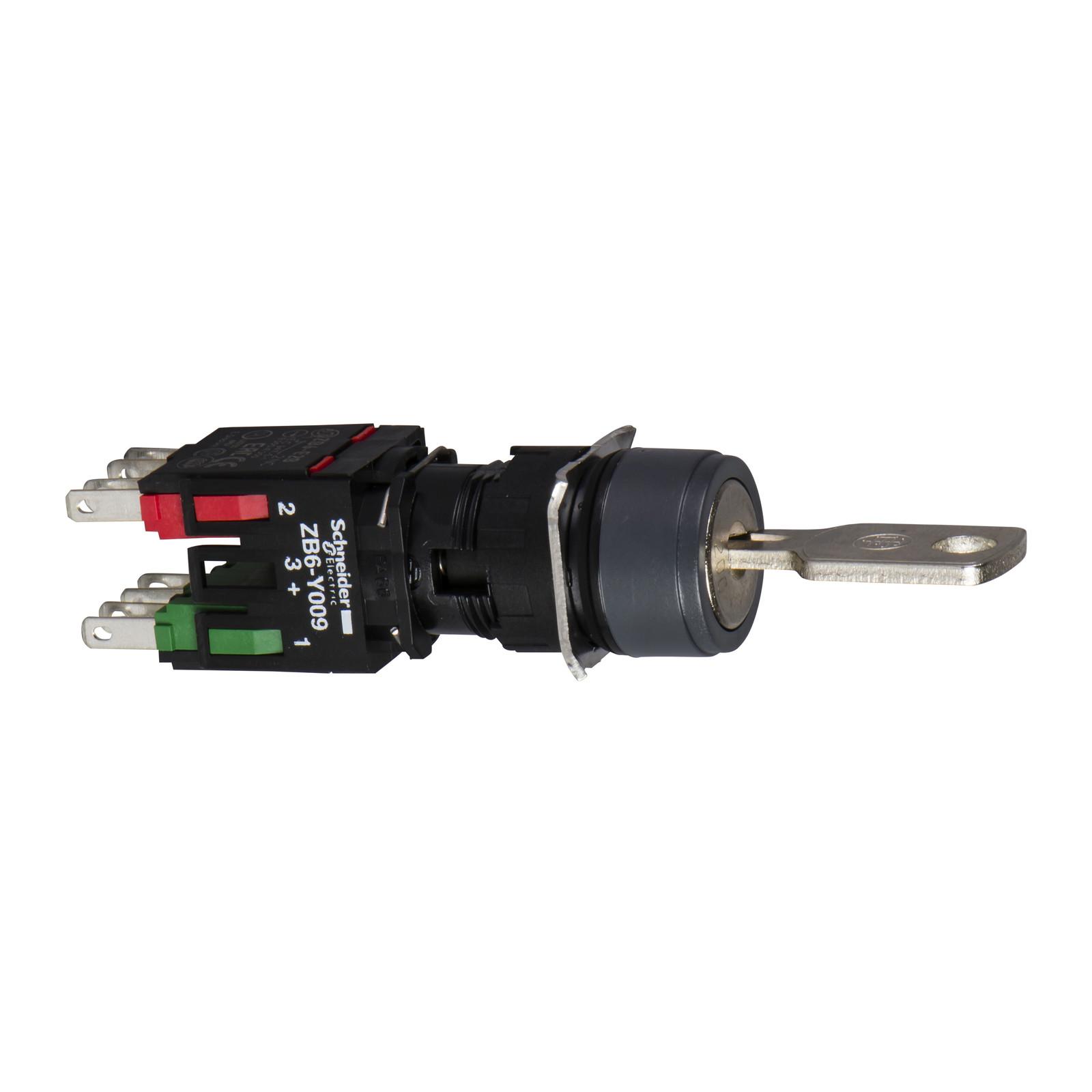 Complete selector switch, Harmony XB6, black round, 16mm, 2 positions, stay put, 1NO + 1NC, key 200