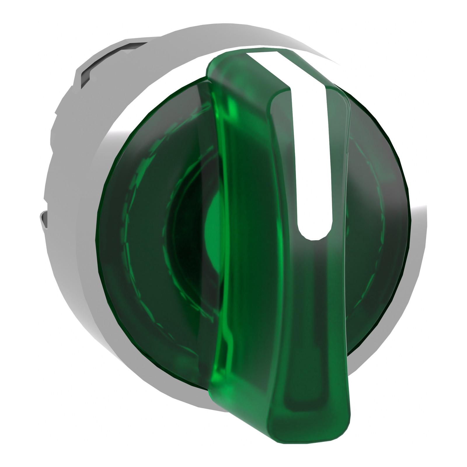 Head for illuminated selector switch, Harmony XB4, chromium metal, green handle, 22mm, universal LED, 3 positions, to center