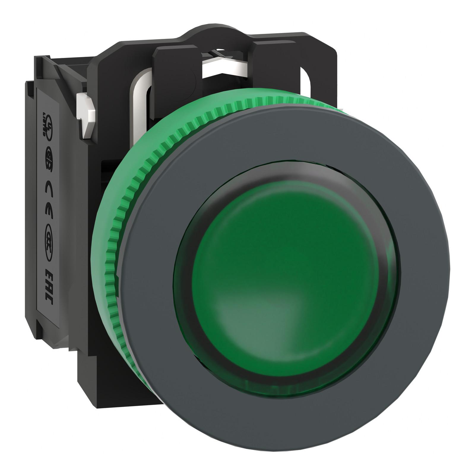 Illuminated push button, Harmony XB5, antimicrobial, plastic, green, 30mm, universal LED, 1NO + 1NC, 230...240V AC