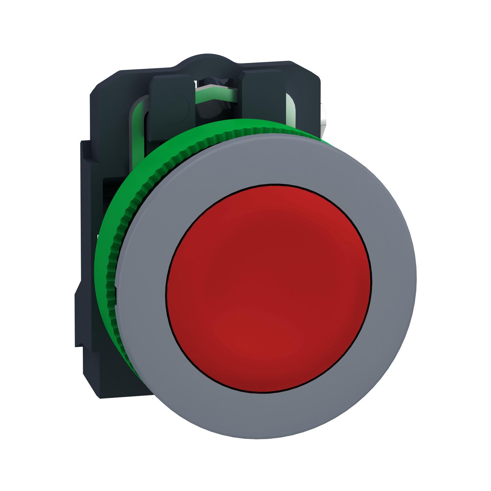 Push button, Harmony XB5, antimicrobial, grey bezel, red flush, 30mm, spring return, 1NC, unmarked