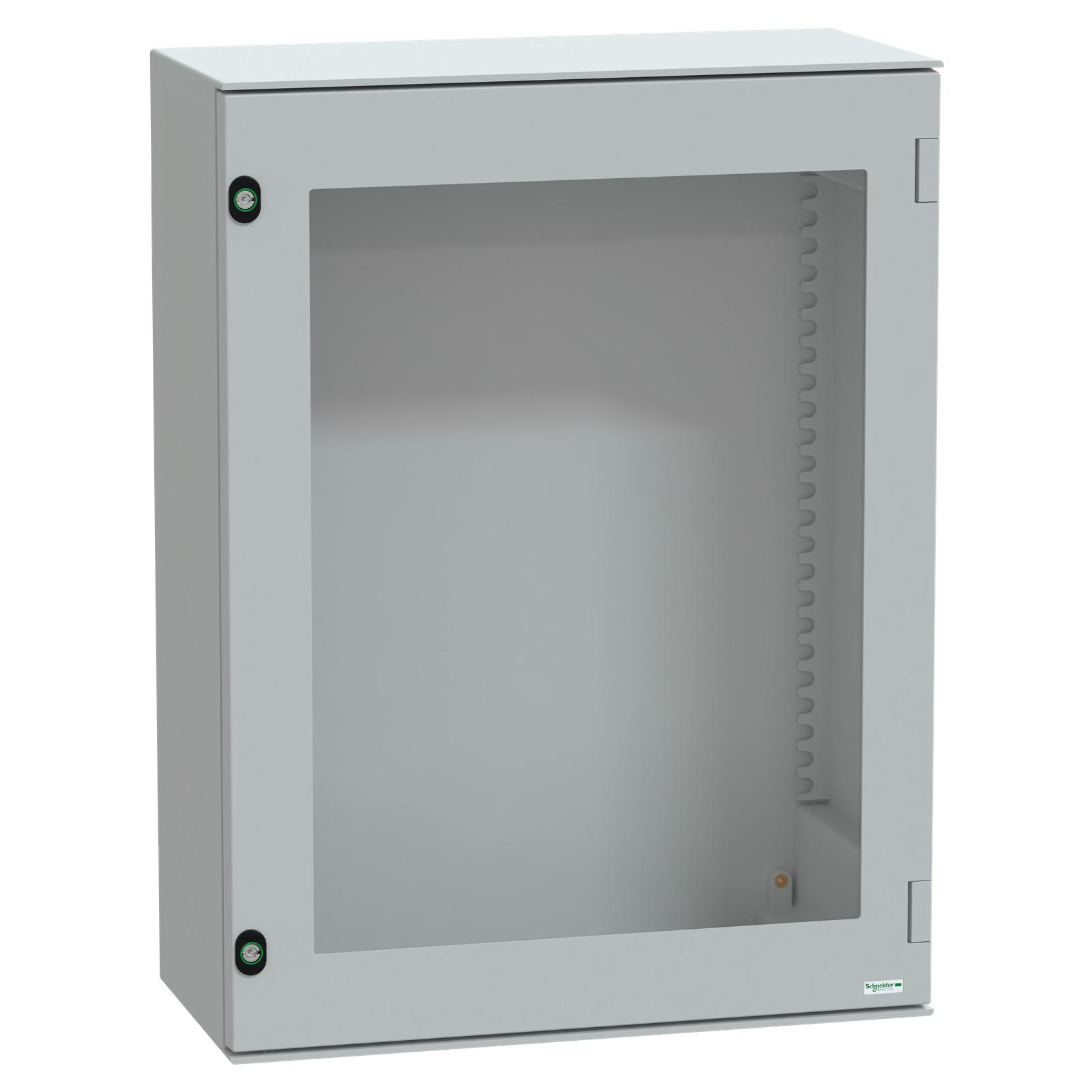 Wall mounted polyester enclosure, Thalassa PLM, glazed door, 847x636x300mm, IP66, IK08, RAL 7035