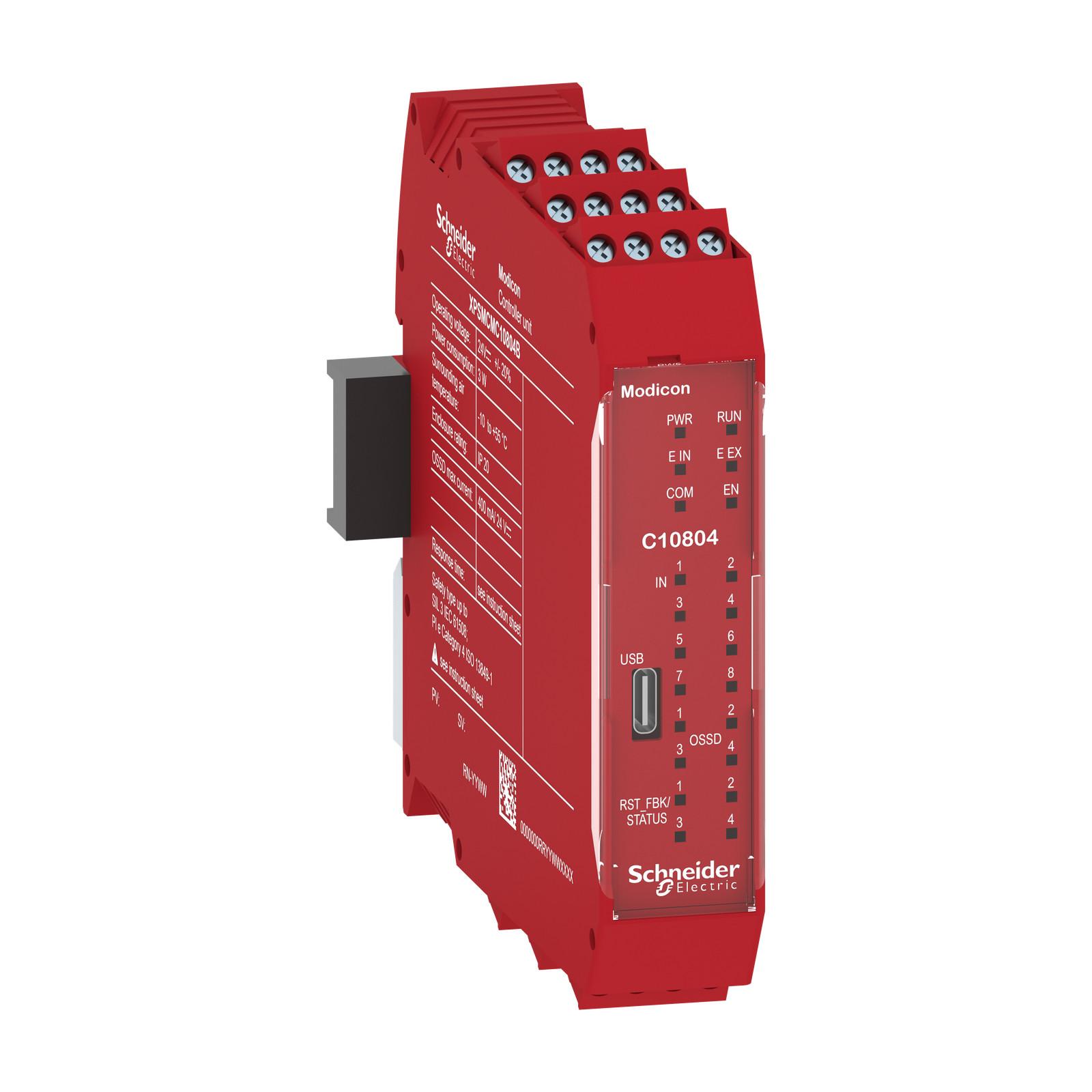 safety controller, Modicon MCM, 8 inputs 4 outputs, combined with backplane expansion connector, screw